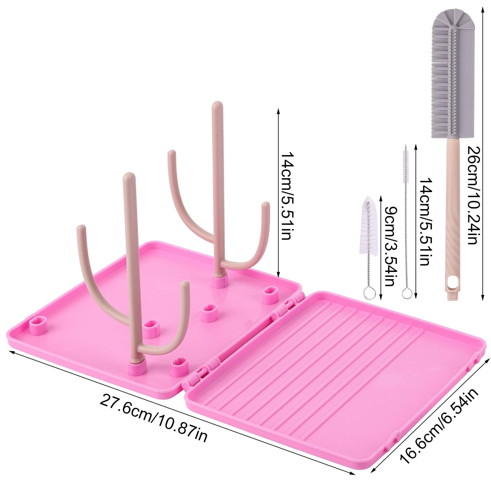 Etokfoks  Pink Portable Vertical Bottle Rack Dish Rack with Cleaning Kit BPA Free Lightweight Collapsible for Travel or Home