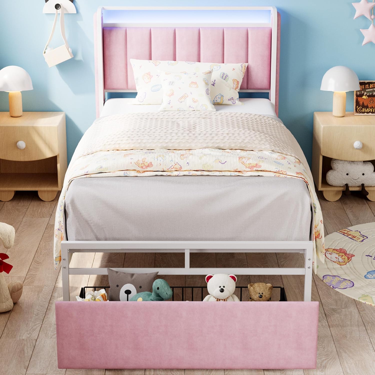 Likimio USAN1053883 40.7-in W Pink Twin Size Bed Frame with Armrests Headboard and RGB Light