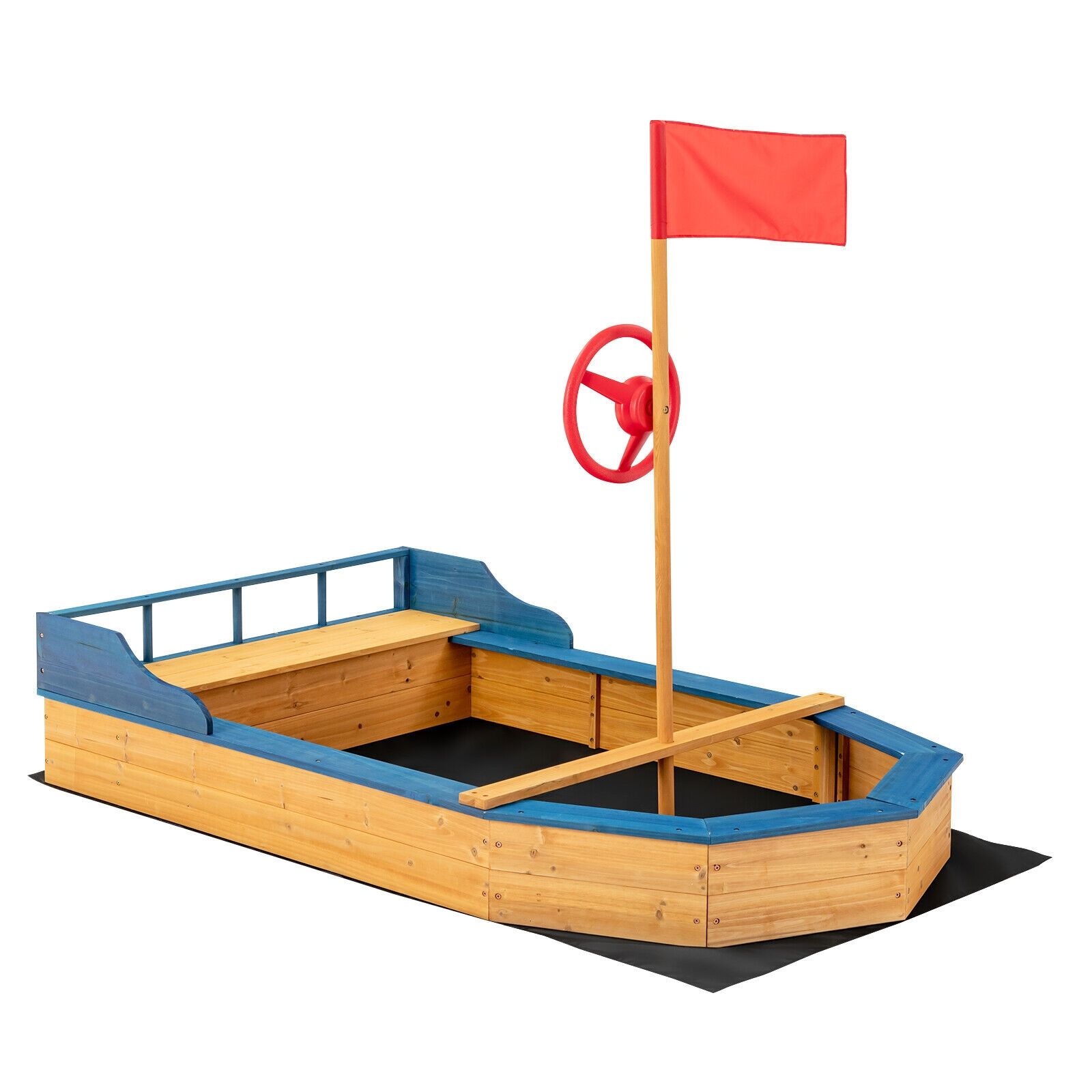 Slickblue D-CO-92001ST 67.5 x 39.5 Boat-Shaped Cedar Wood Sandbox Pirate Ship with Storage Bench Natural