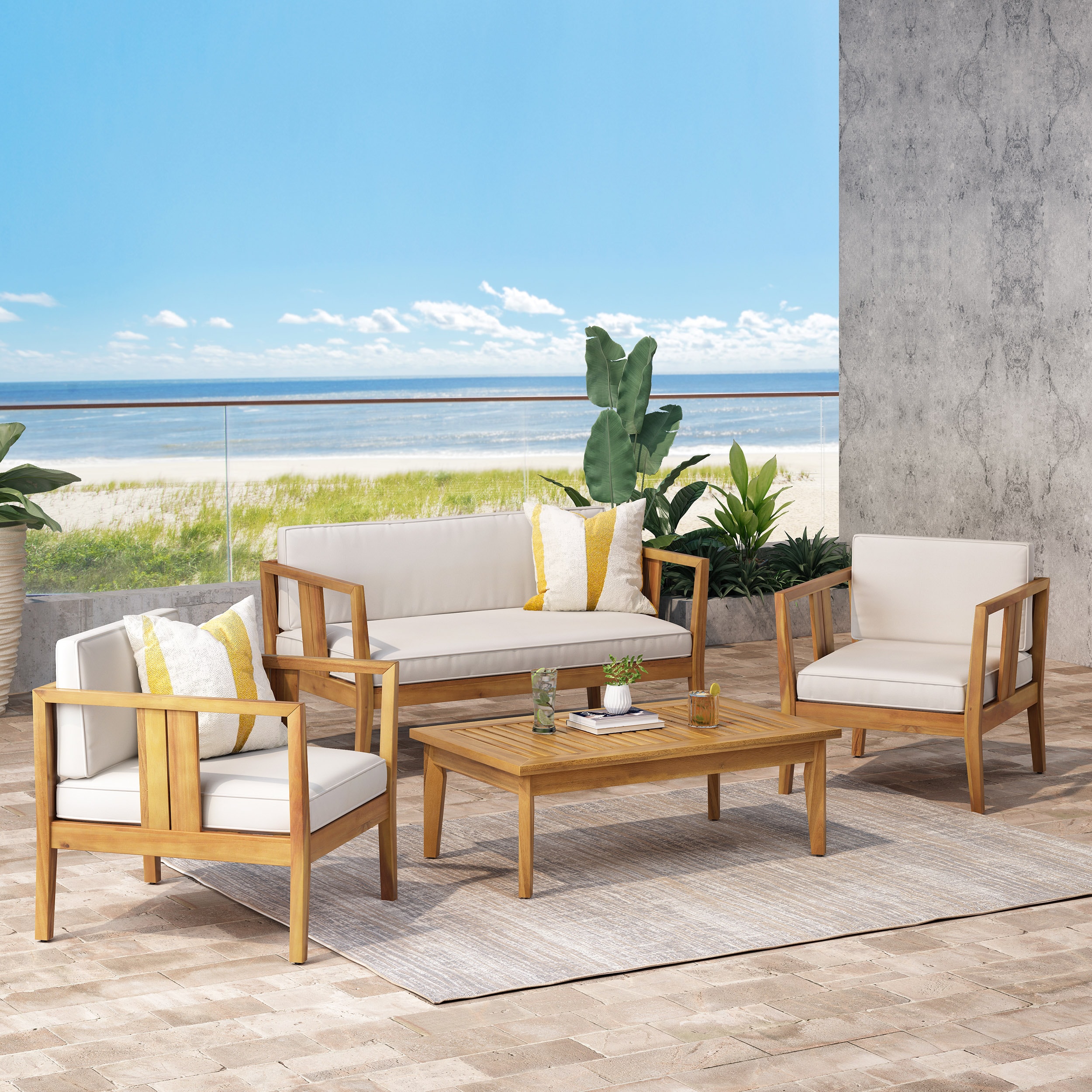 Christopher Knight Home 313099 Nicholson Outdoor Acacia Wood 4-Seater Chat Set-Teak Finish and Beige