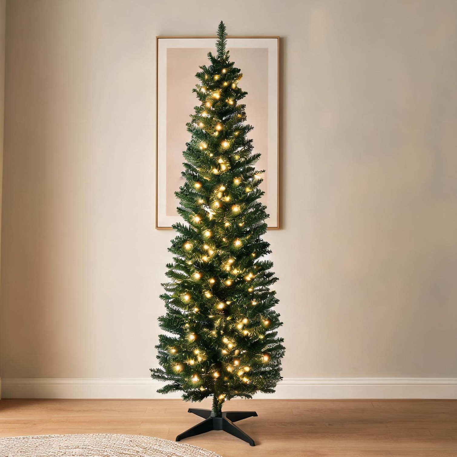 Watnature Pencil Artificial Christmas Tree with Pre-Lit Warm White LEDs 6-Foot Green-Toned