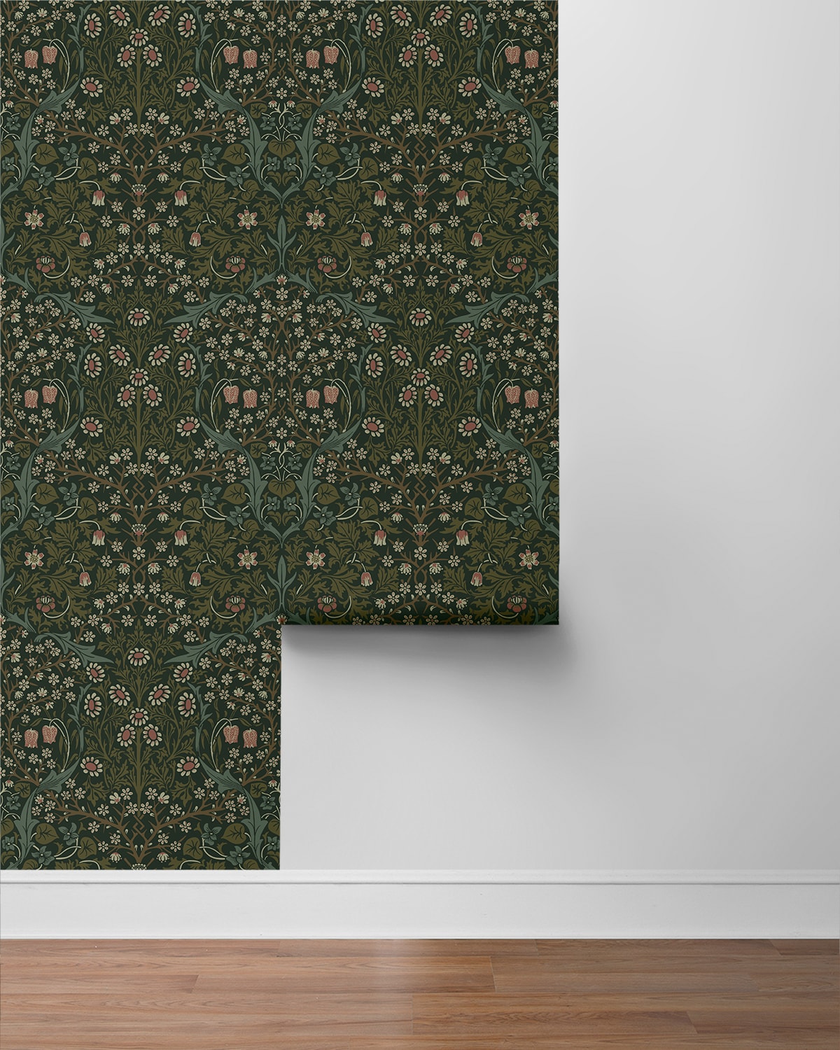 Victorian Garden Green Damask Self-Adhesive Peel and Stick Wallpaper