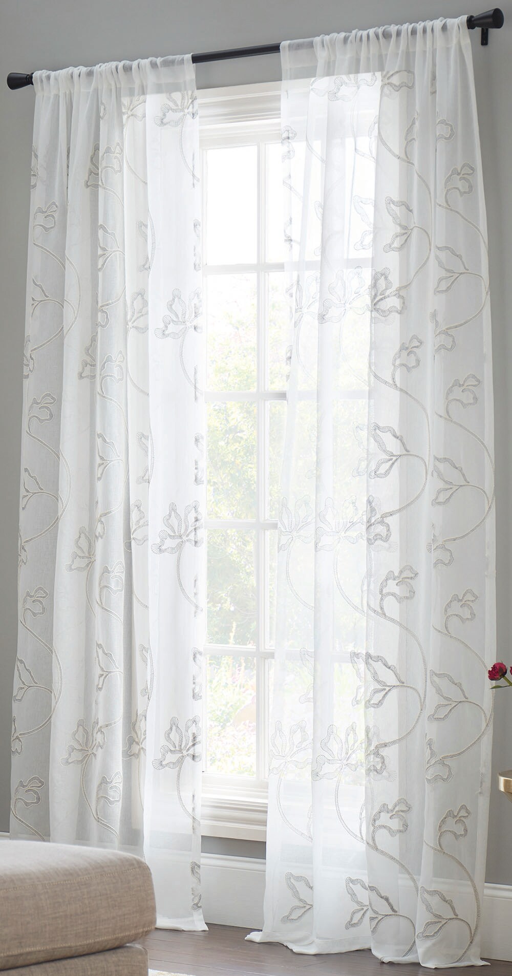 allen + roth 84.0-in Grey Floral Sheer Rod pocket Single curtain panel