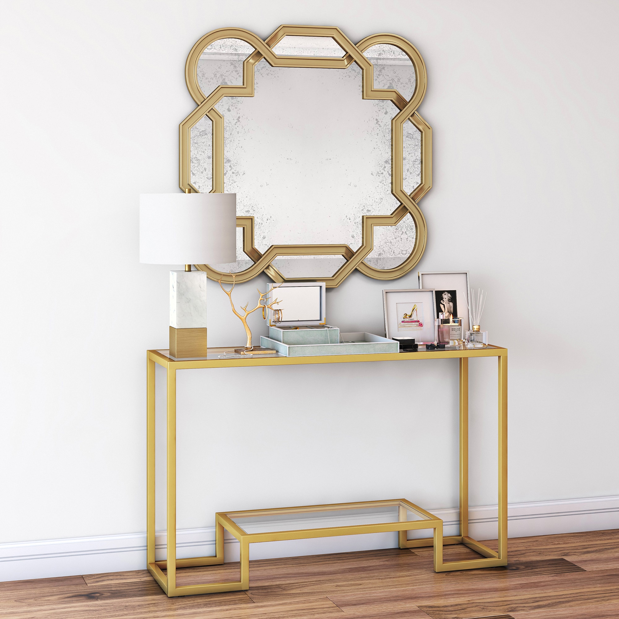 Athena Gold Metal & Glass Rectangular Console Table with Storage Shelf