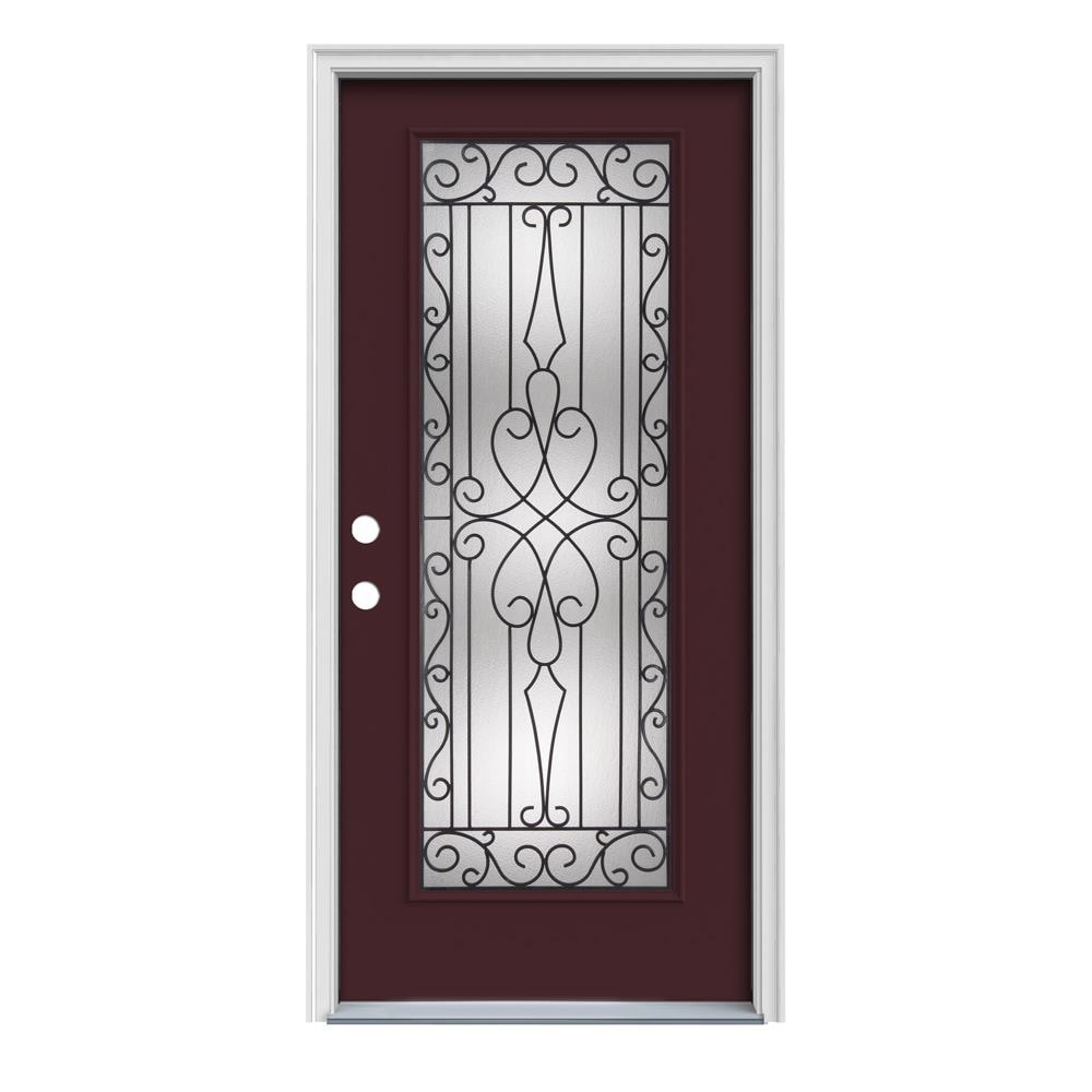 JELD-WEN LOWOLJW166500684 Wyngate 32-in x 80-in x 4-9/16-in Steel Full lite Right-hand inswing Currant Painted Prehung Single door Front Door with Brickmould Insulating core Decorative glass