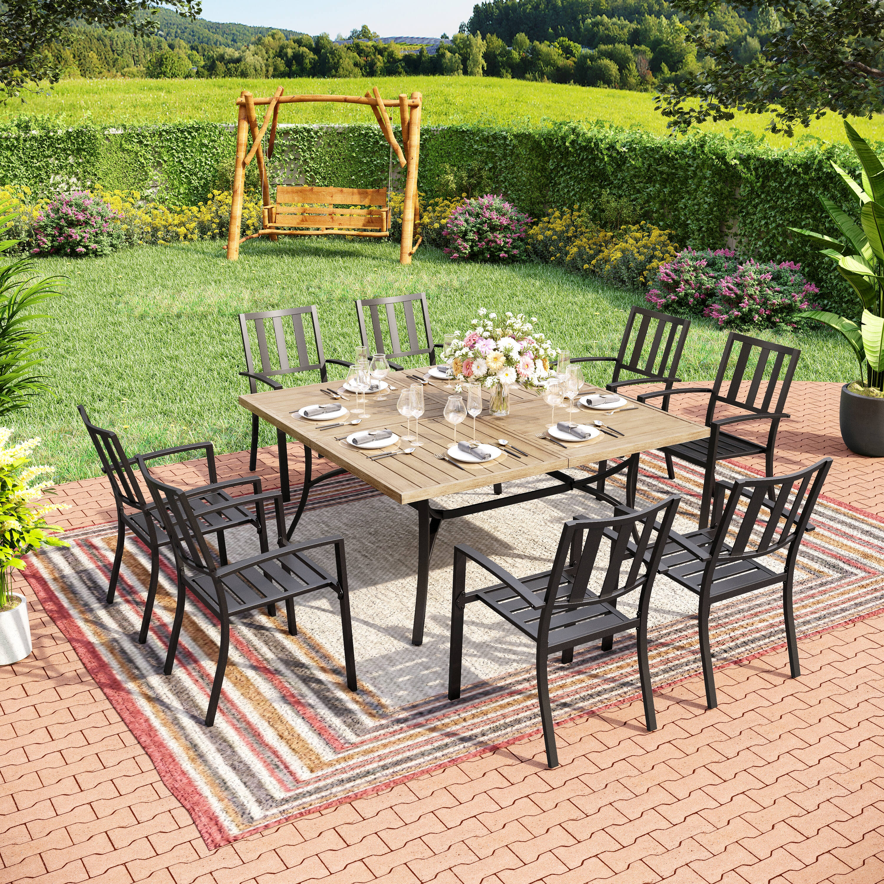 Sunshine Valley TC9-3501-459 Outdoor Table and Chairs 9 -Piece Black Patio Dining Set Steel Square Table with 8 Stackable Stationary Chairs
