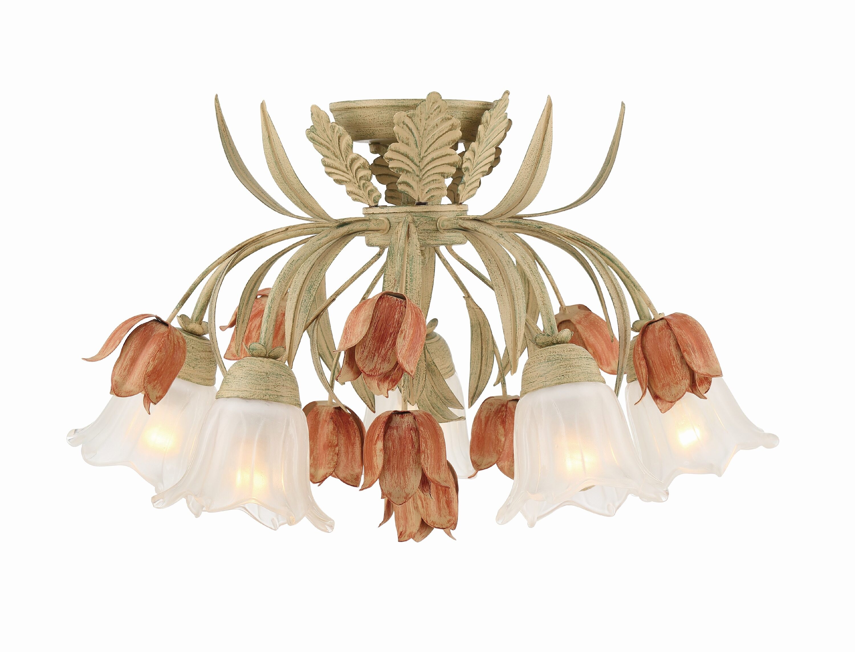 Sage Rose Floral 5-Light Semi Flush Mount with Glass Shades