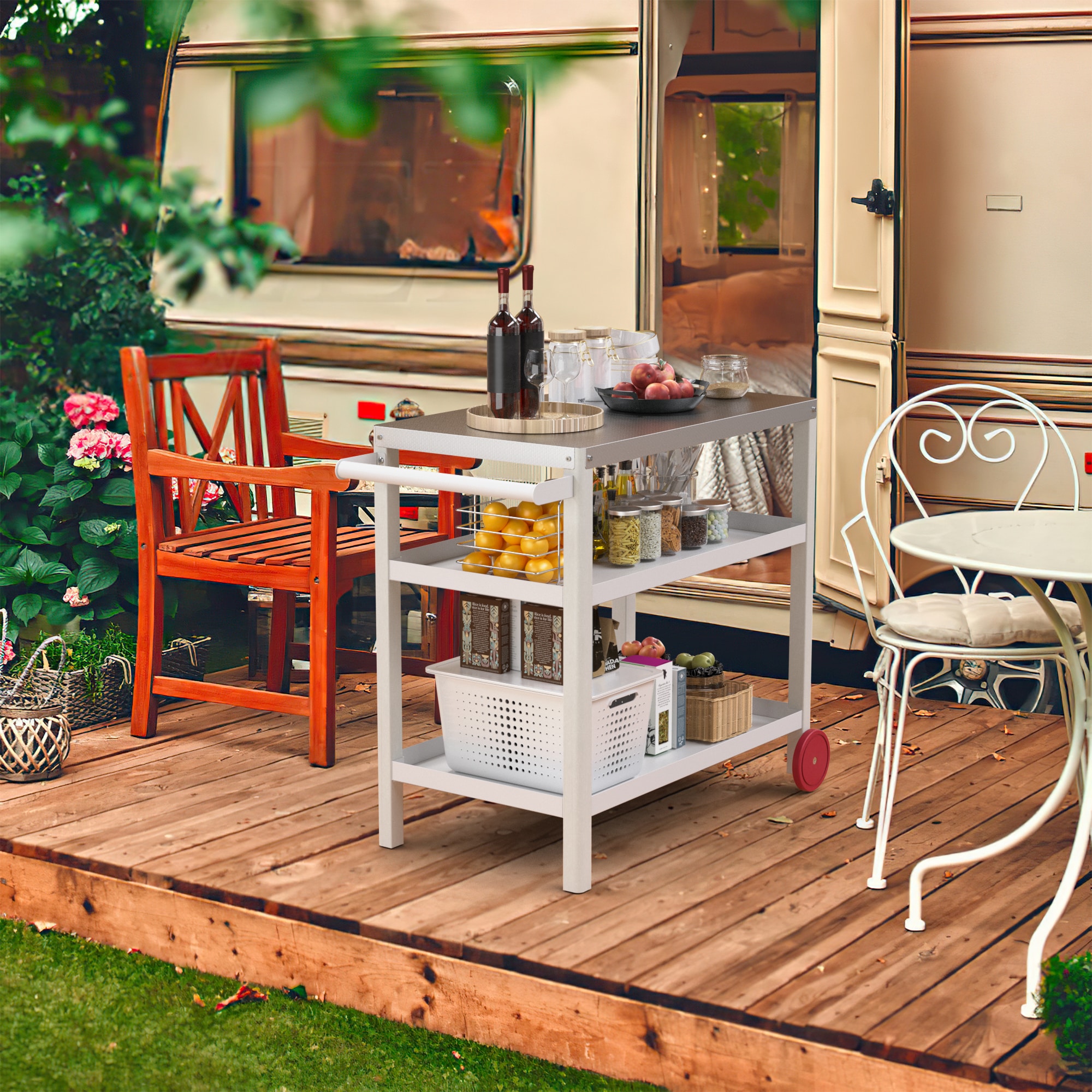 Poly furniture KC-SS06-WT Outdoor Grill Cart, Honeycomb Style Wear-Resistant Tabletop White Plastic Grill cart