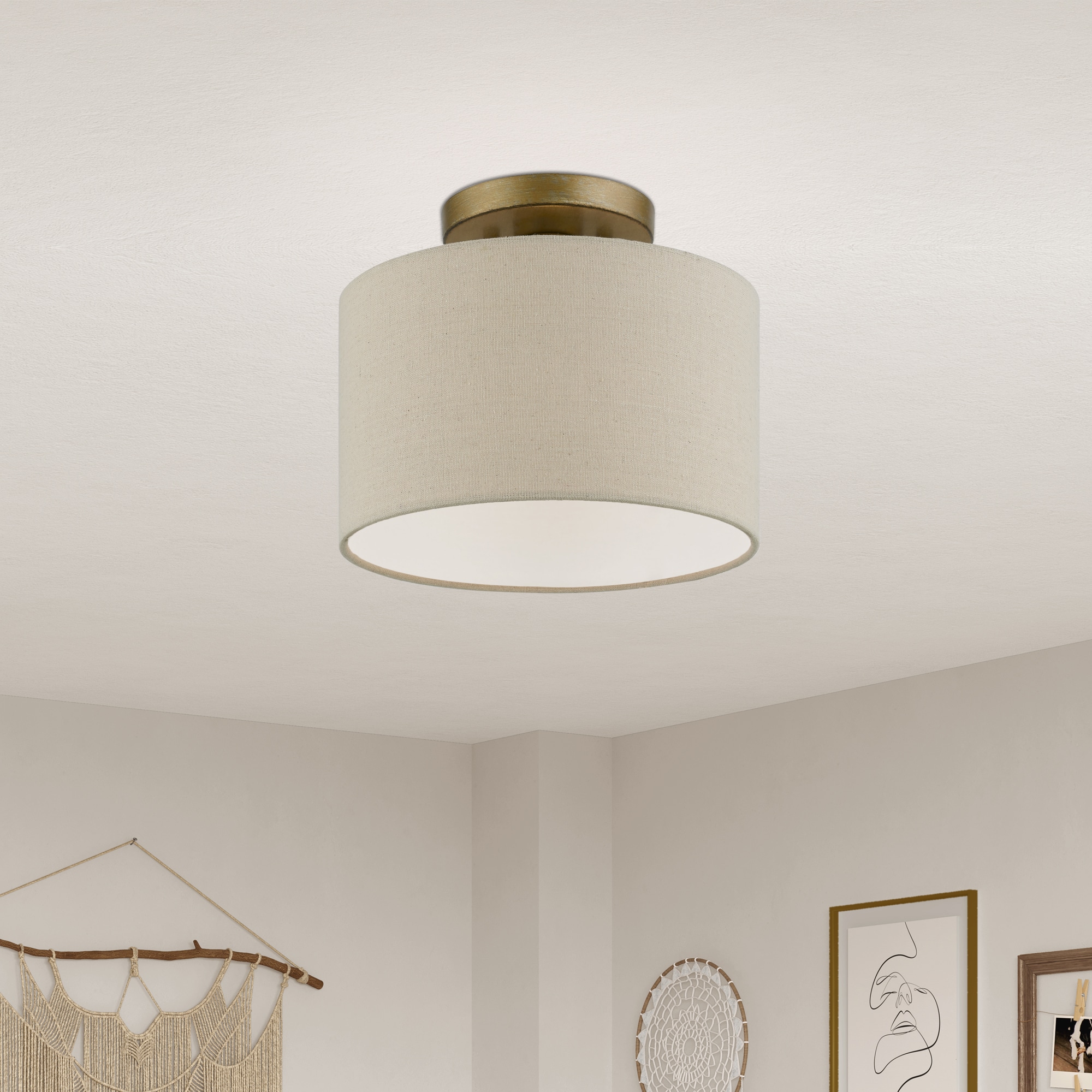 Burnett Antique Gold Leaf 10" Drum Semi-Flush Mount with White Shade