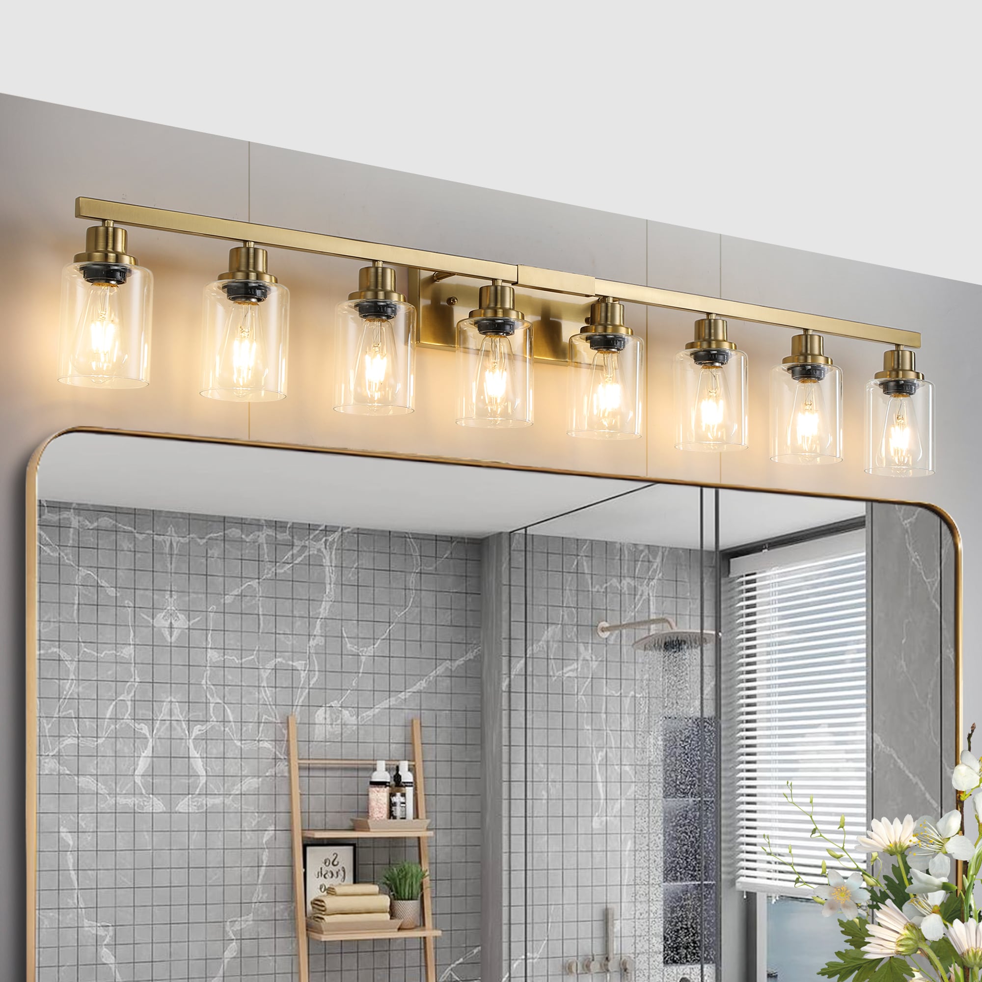 WELLFOR GDF007BN Vanity Light with Clear Glass Shades 51.2-in 8 -Light Gold Modern/contemporary Vanity light