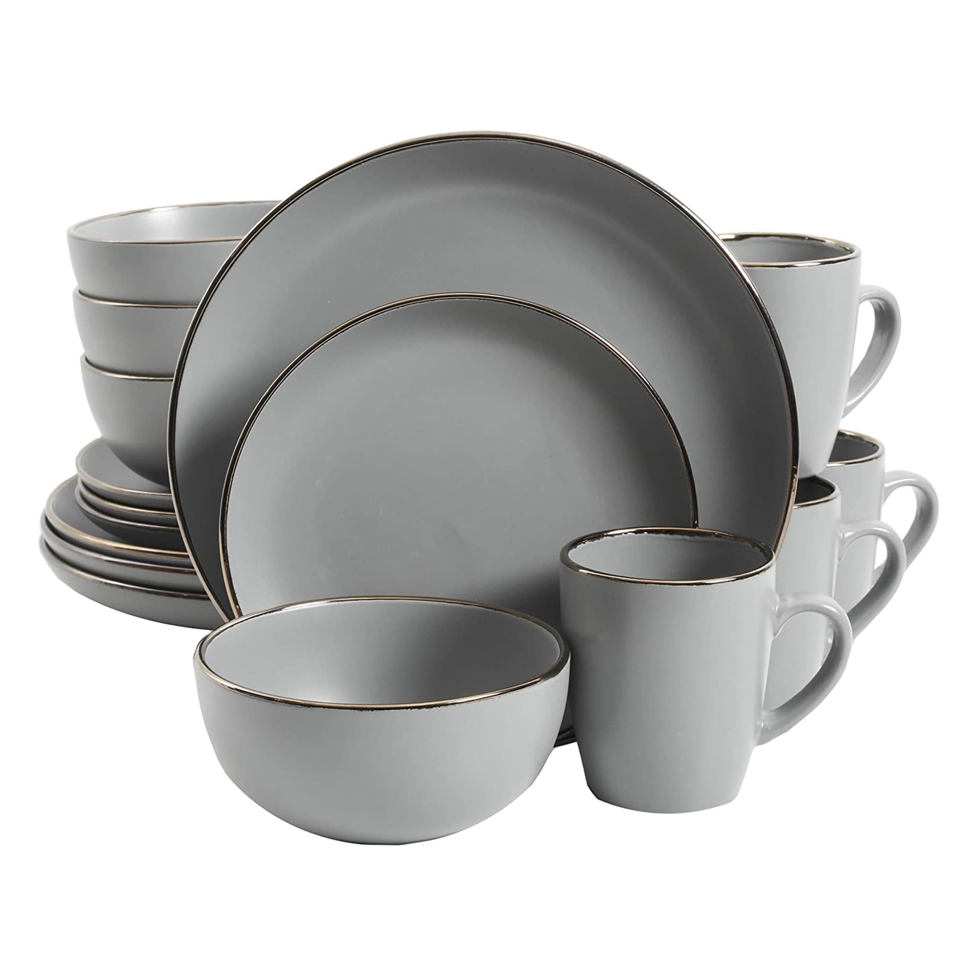 Gibson 296246 Home Rockaway Round Stoneware Coupe Edged Dinnerware Set Service for 4 with Dinner Plates Dessert Plate Bowls and Mugs Grey w/ Metallic Rim