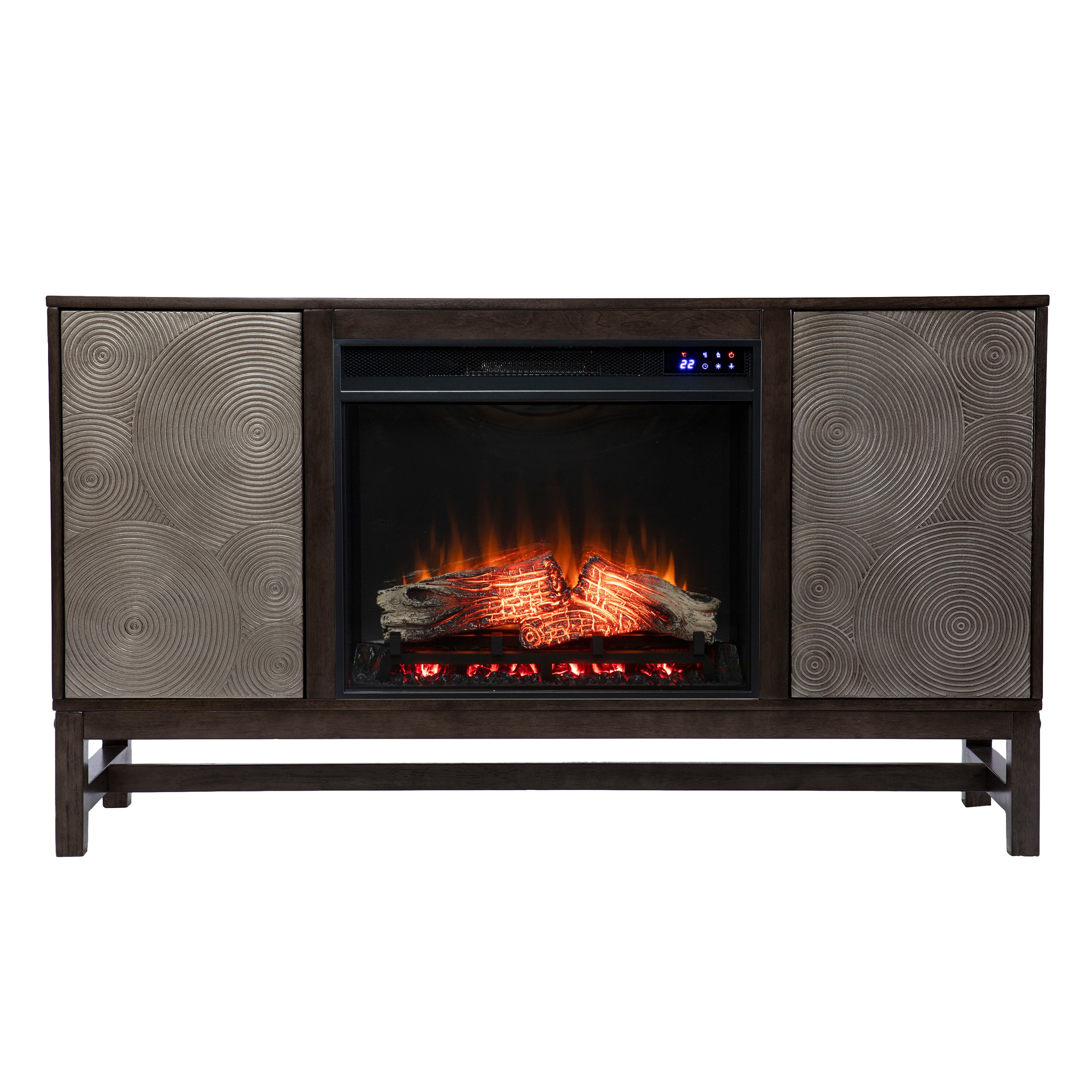 Southern Enterprises FR1137256 54.25-in W Brown, Antique Silver TV Stand with Fan-forced Flat wall Electric Fireplace with Remote Control Included