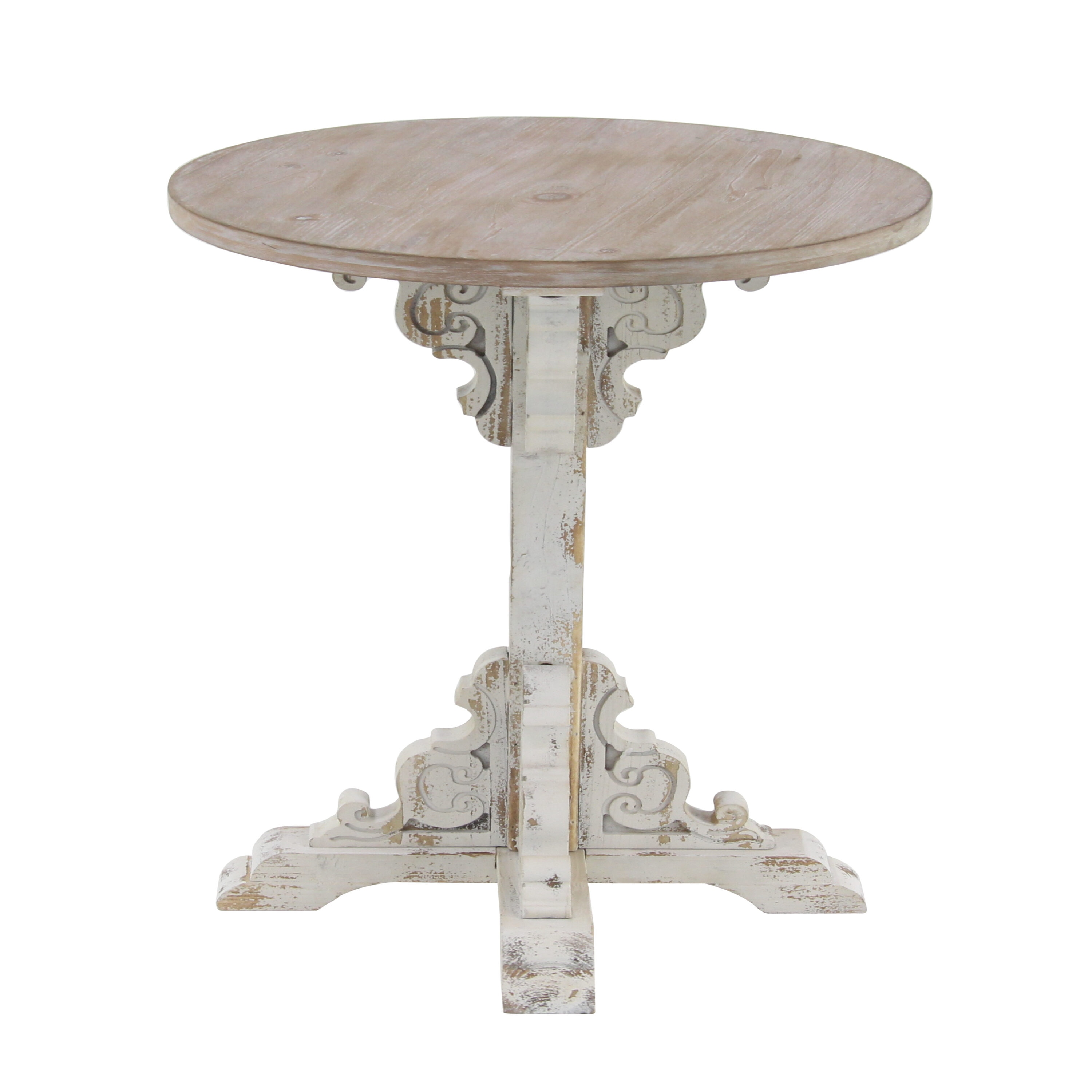 White and Beige Carved Wood Round Accent Table