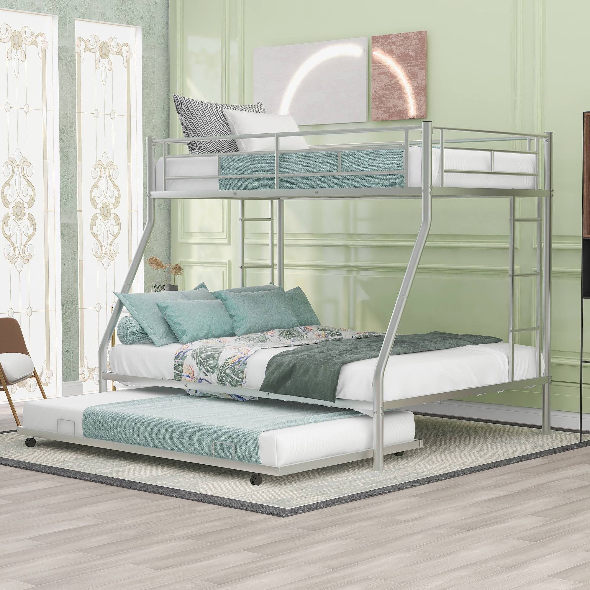 Metal twin over full store bunk bed with trundle