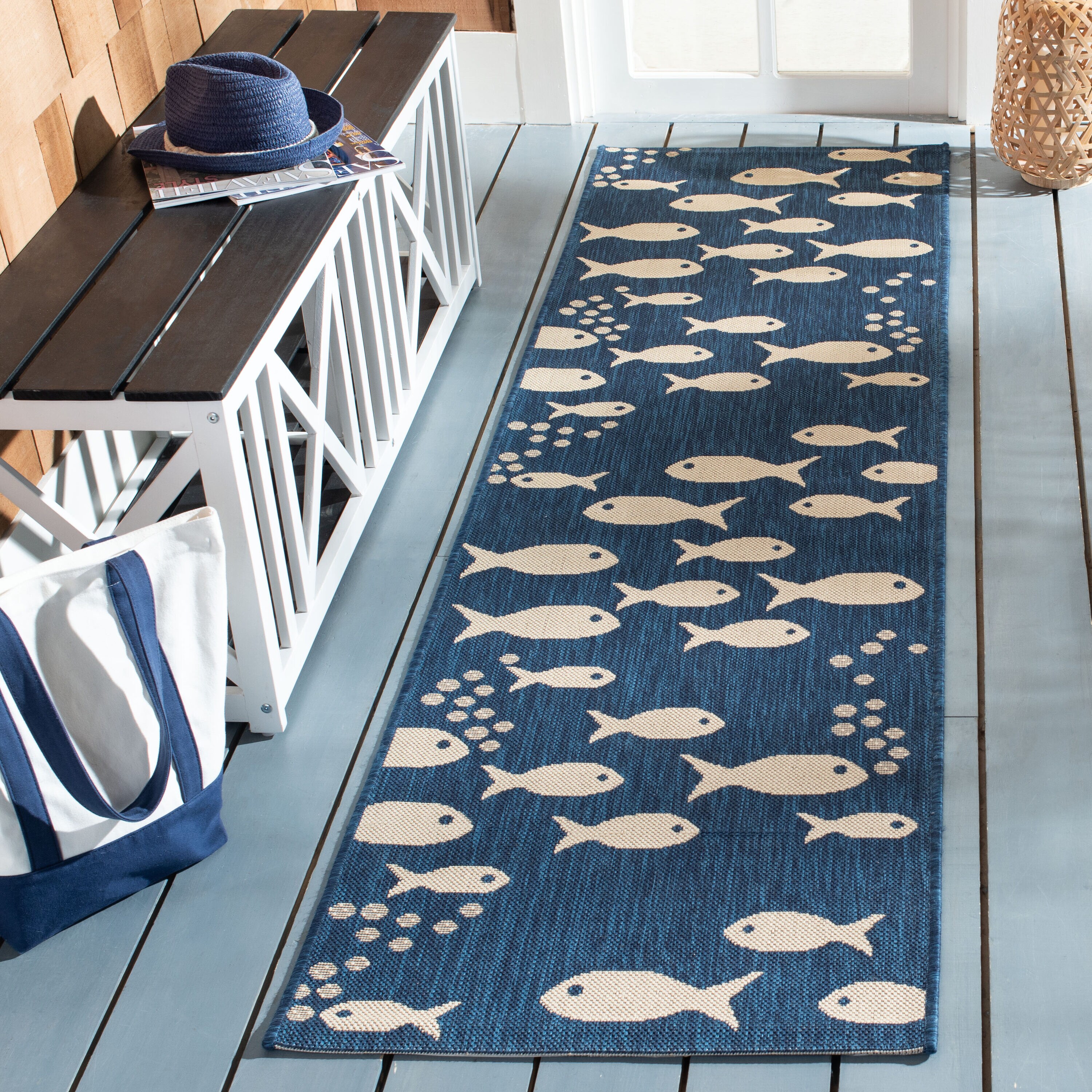 Safavieh CY6012-258-28 Courtyard 2 x 8 (ft) Loomed Synthetic Navy/Beige Rectangular Indoor/Outdoor Geometric Runner rug