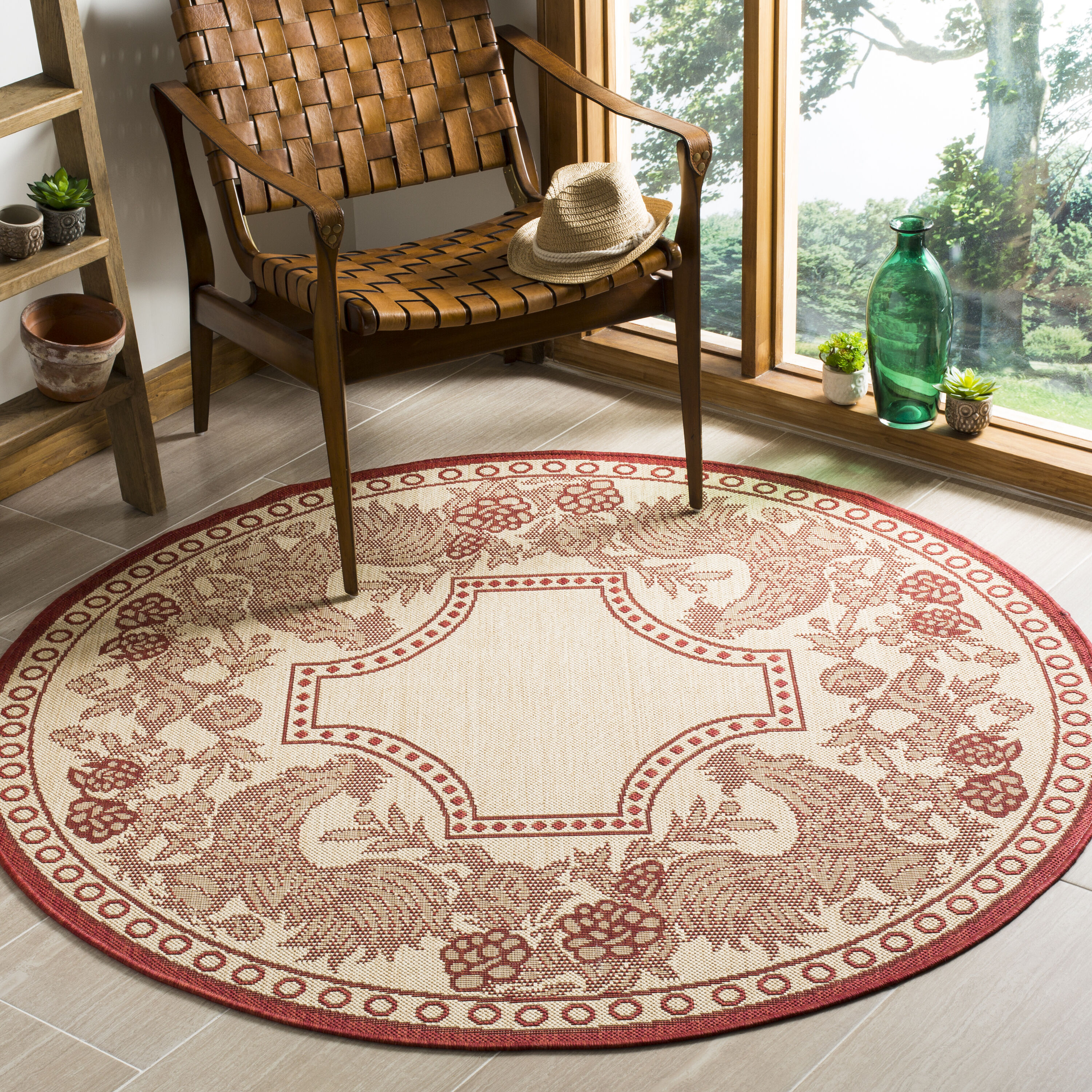 Safavieh - Courtyard Praia Loomed Polypropylene Natural/Red Round Indoor, Outdoor Coastal Area rug