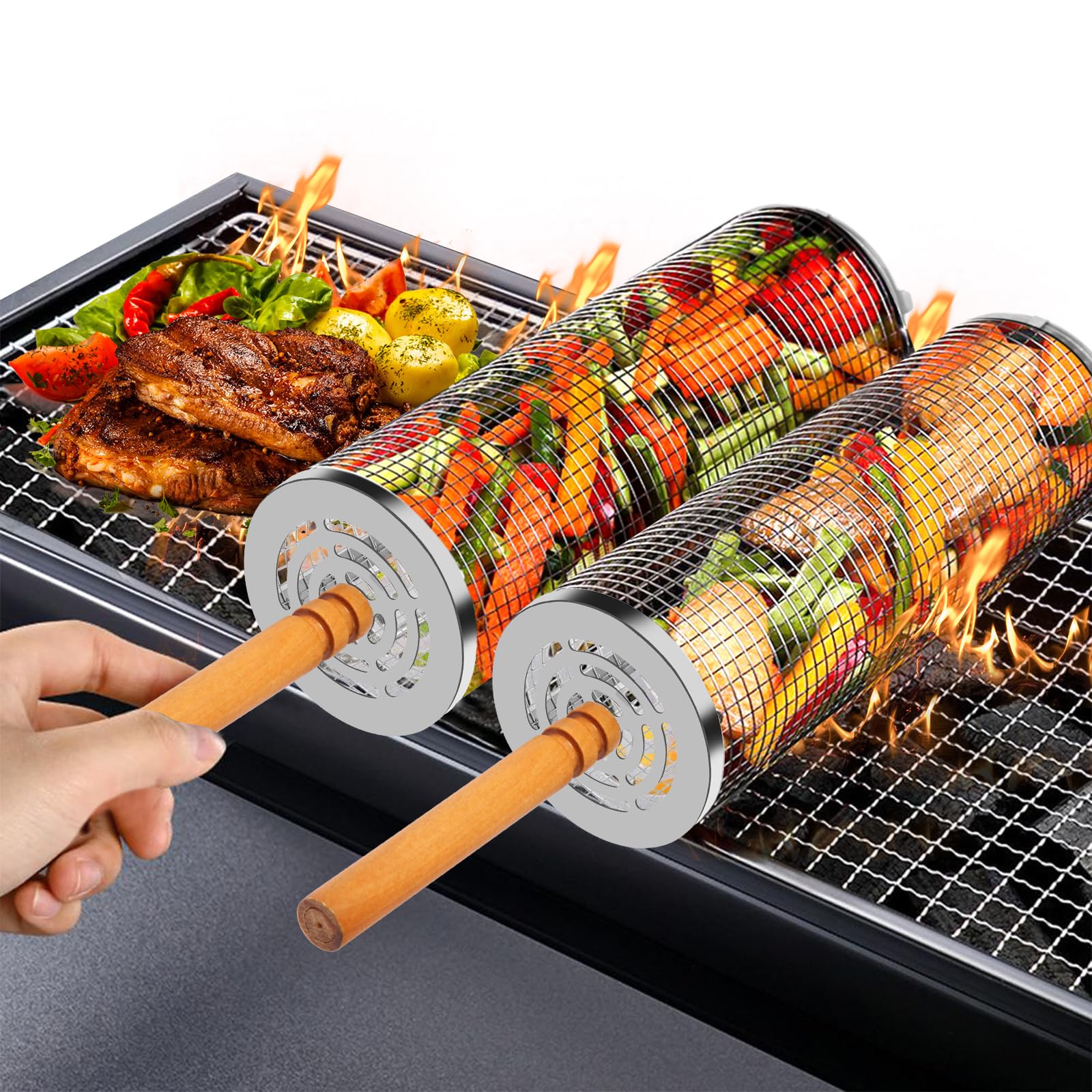 JVFCXXV  Two Piece Nesting Grill Baskets with Removable Wooden Handles Eleven Point Eight by Three Point Nine Inches Stainless Steel BBQ Mesh for