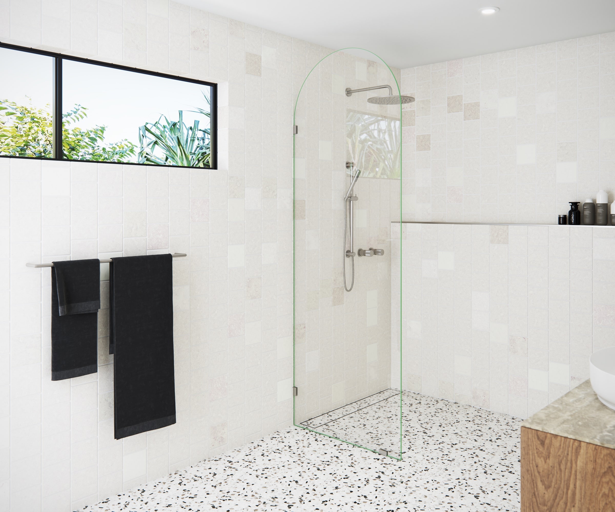 Glass Warehouse ARC-SF-30-BN Venus Brushed Nickel 30-in W x 86.75-in H Frameless Fixed Shower Door 3/8-in Thick Tempered Glass