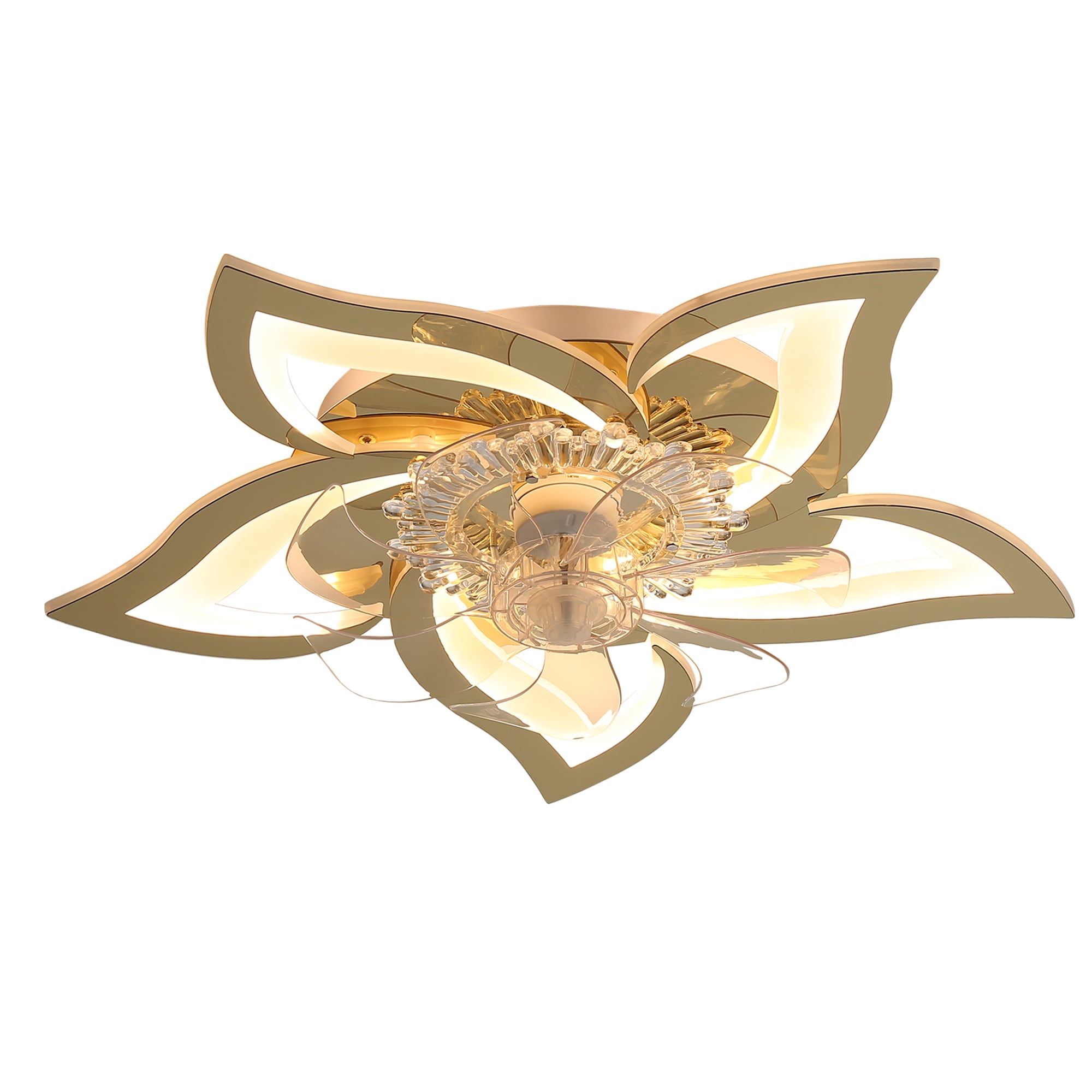 SINOFURN SYD120004GD 27-in Color-Changing Integrated LED Flush Mount Smart Gold with Finished Blades Fandelier Ceiling Fan With Light - Remote Included ( 7 -Blade )