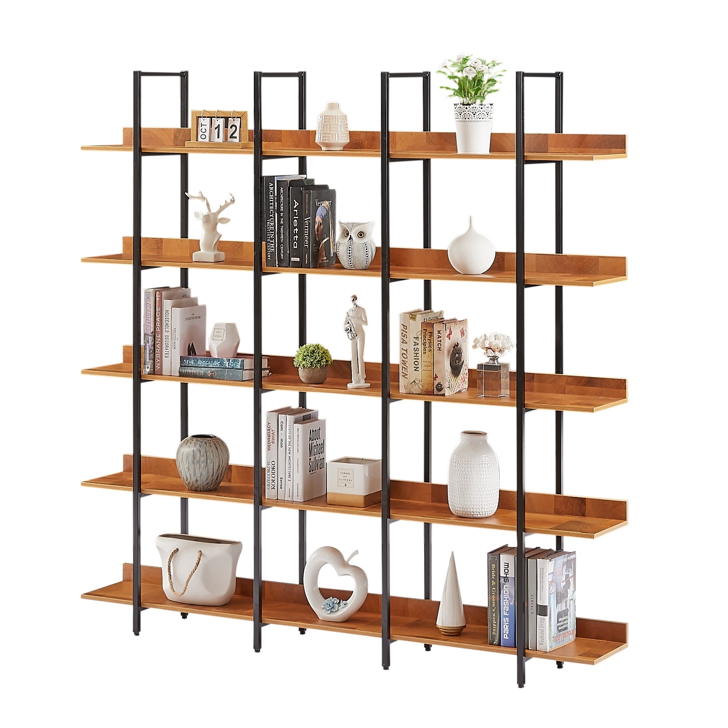 Wooakway 5 Tier Bookcase Home Office Open Bookshelf Vintage Industrial Style Shelf MDF Board Black Metal Frame Brown (Old Sku:WF300935AAB/N725P247766B)