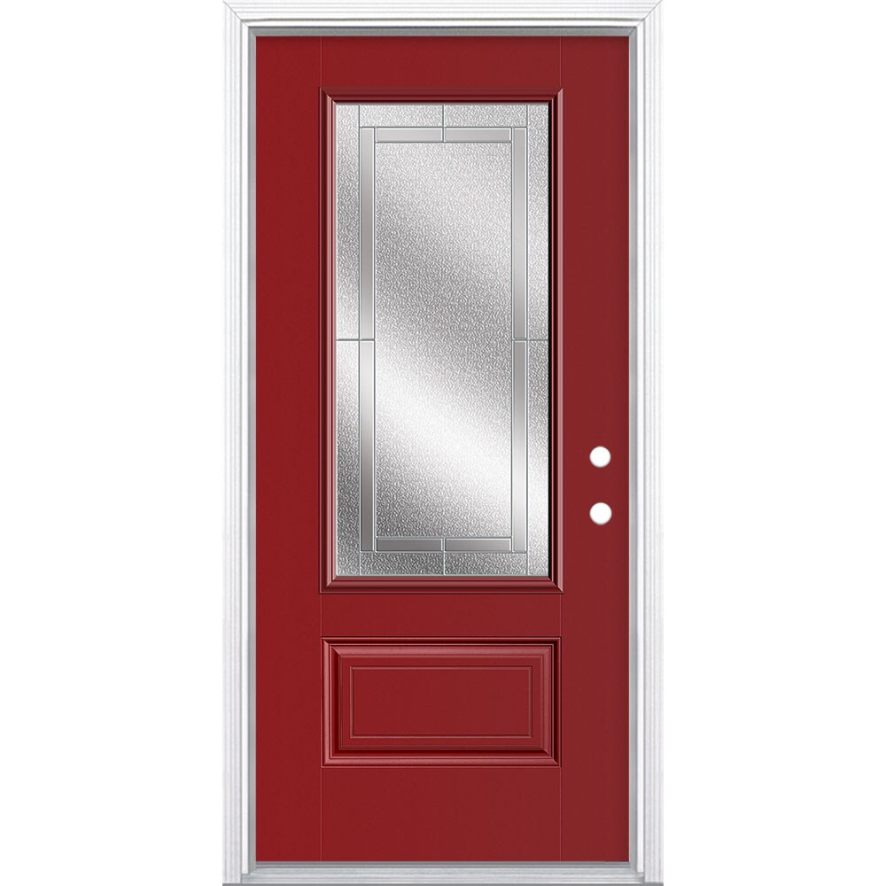 Masonite 3419889 Focus 36-in x 80-in x 4-9/16-in Fiberglass 3/4 lite Left-hand inswing Roma Red Painted Prehung Front Door with Brickmould Insulating core