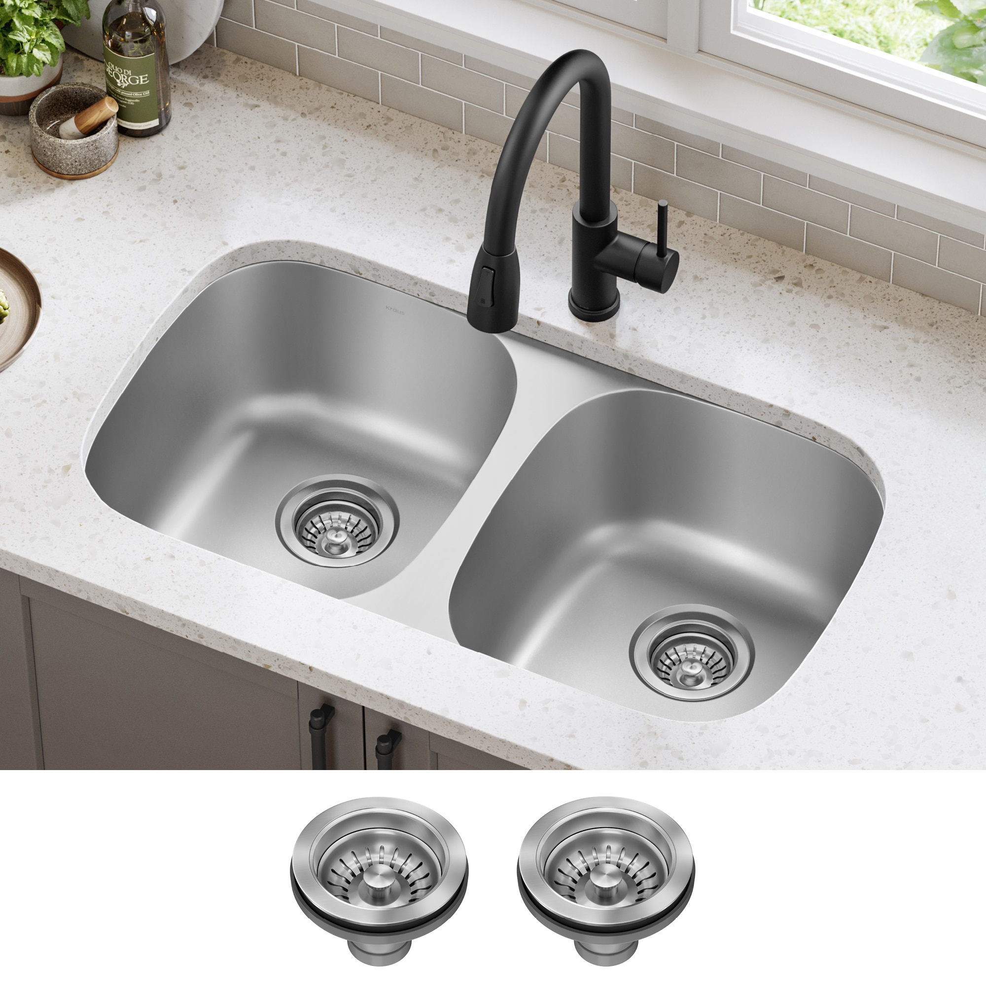 Kraus KBU22 Premier Undermount 32.25-in x 18.0-in Stainless steel Double equal bowl 18 -Gauge Kitchen Sink