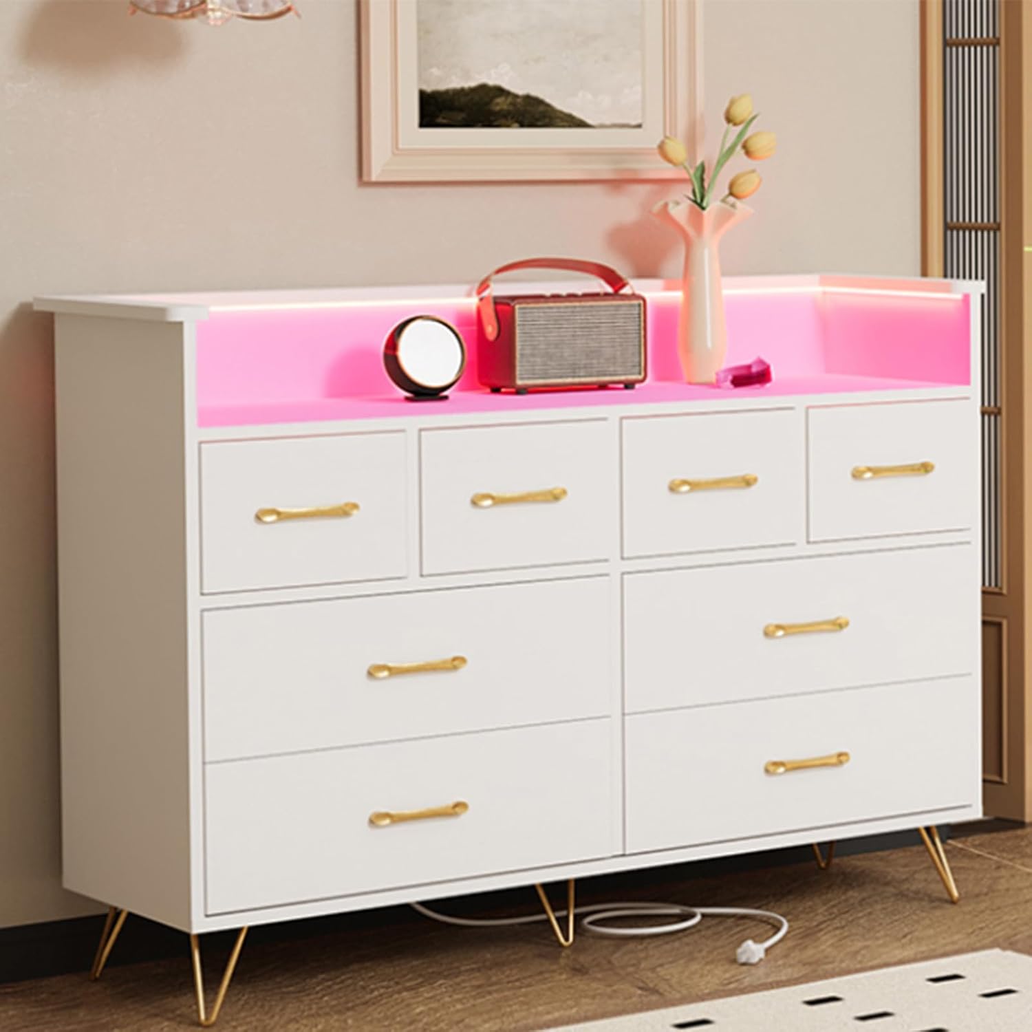 Qeetex HHYLS-PHO-339WFUHY 8 Drawer Dresser with LED Light and Charging Station Modern Wooden Chest of Drawers with Open Shelf for Bedroom Living Room