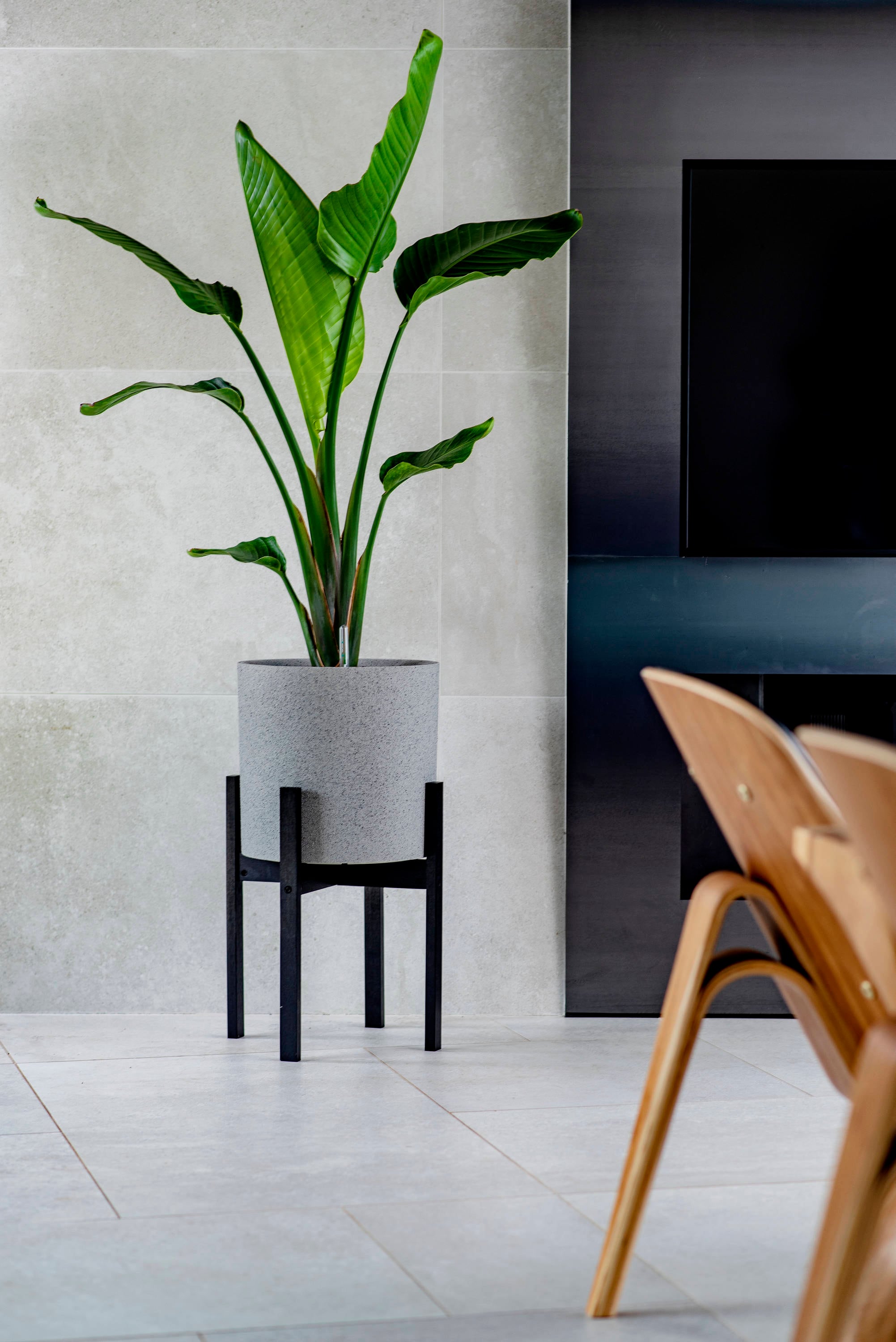Graphite Self-Watering Planter with Bamboo Stand, 14 Inch