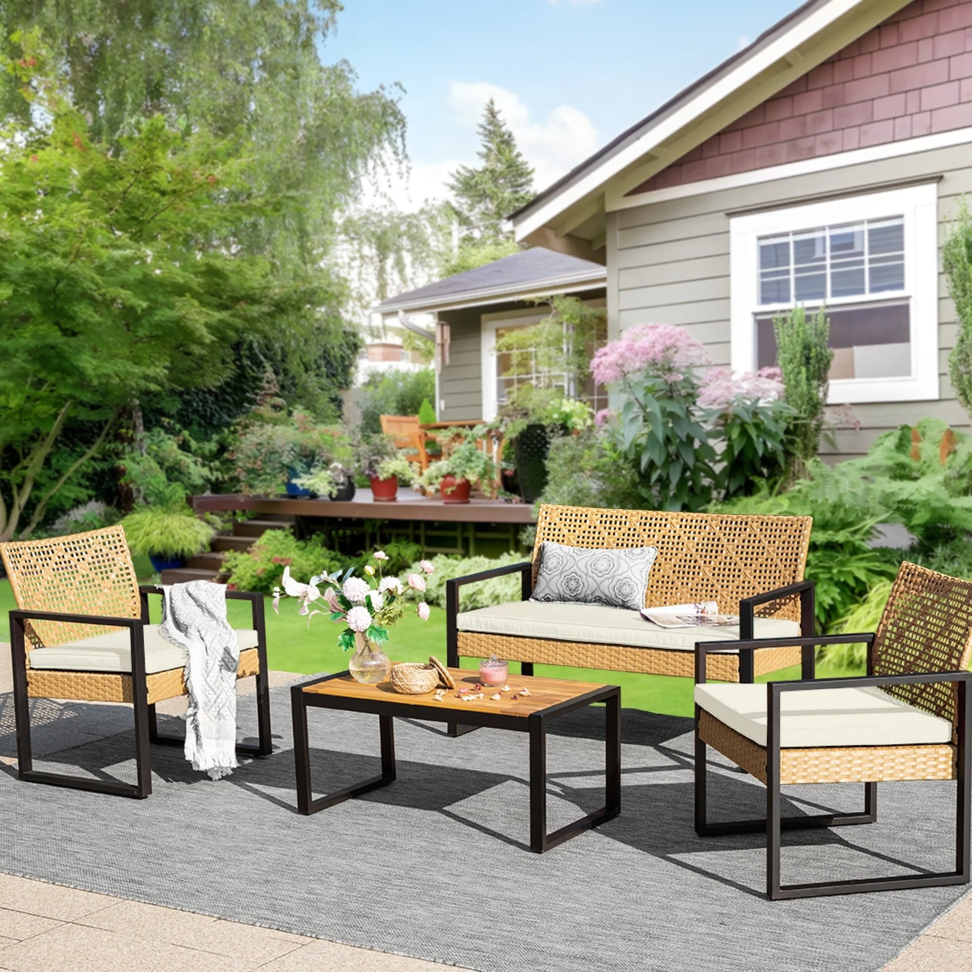 Sunshine Valley R3-302 4 -Piece Wicker Patio Conversation Set with Beige Cushions