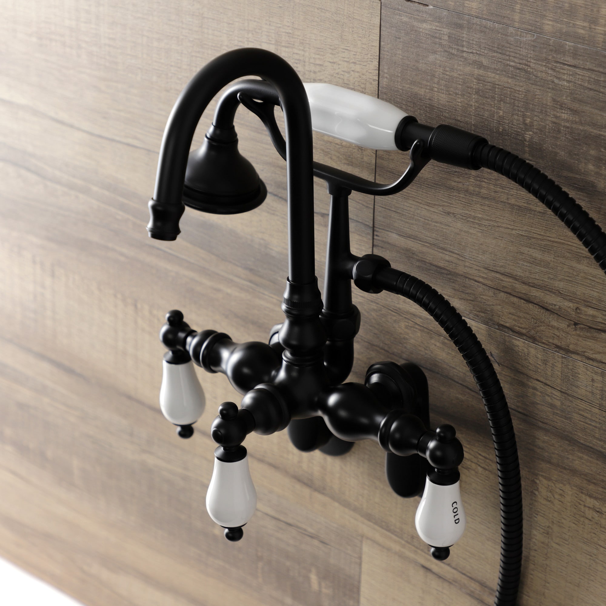 Kingston Brass WLAE303T0 Vintage Matte black 3-handle Wall-mount High-arc Bathtub Faucet with Hand Shower ( Valve Included )