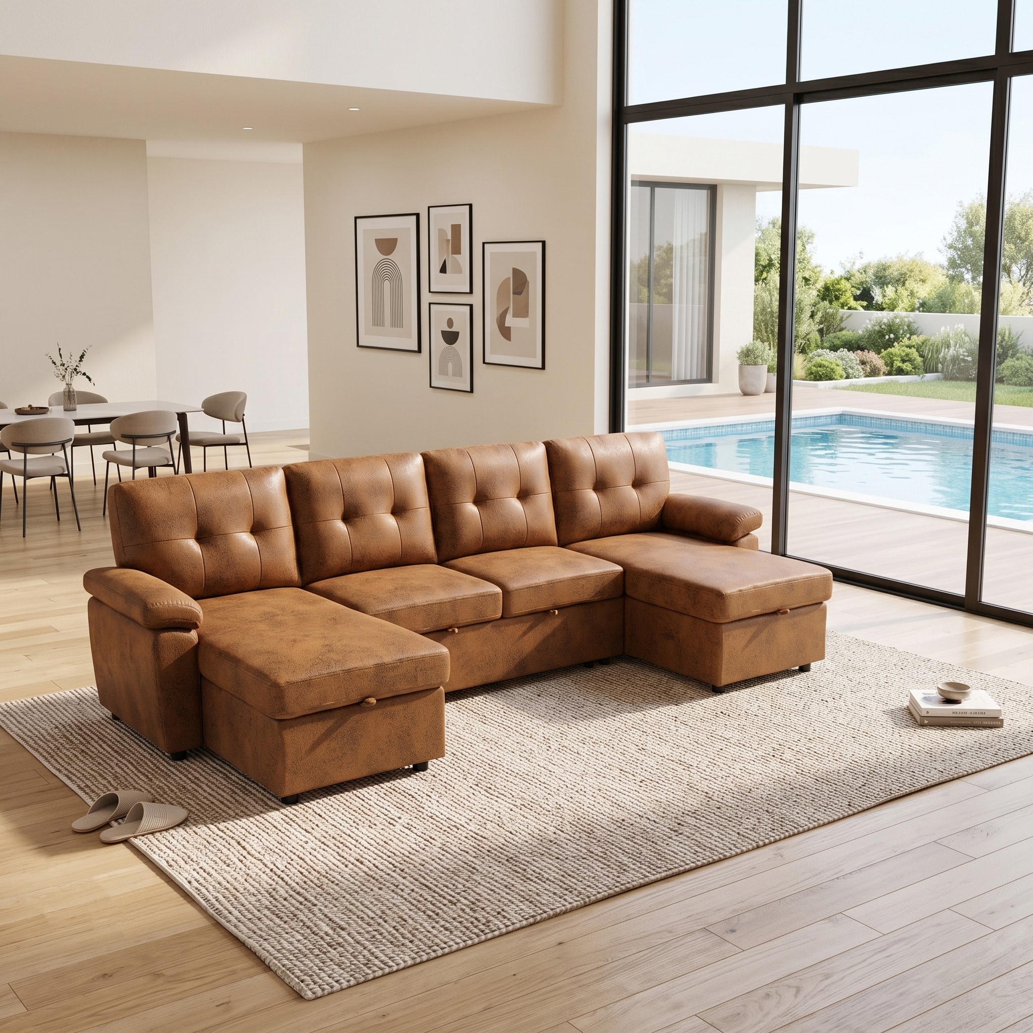 Vynxaria 112-in W Modern Light Brown U-Shaped Sleeper Sectional Sofa