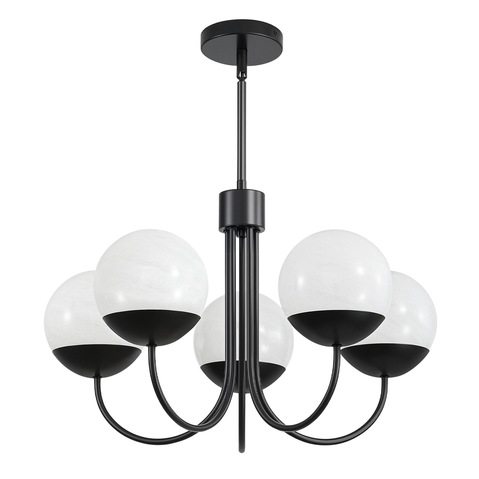 KAISITE 5-Light Black Modern Dimmable Chandeliers Light Fixtures with White Glass Shades Height Adjustable Pendant Island Lights for Bedroom Dining Room Living Room