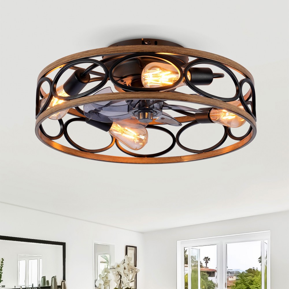 Basdien 19 in Matte Black Caged Ceiling Fan 7 Blades 6 Speed Reversible DC Motor Remote Control Flush Mount with Light Kit for Bedroom Living Room No Bulbs Included Quiet Energy Efficient 4 E26 Sockets Low Profile Farmhouse Easy Install