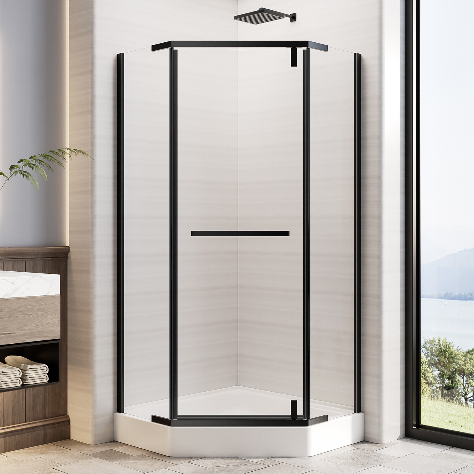Boho Havens 36 InchD X InchW 72 InchH Neo-Angle Shower Door Corner 1/4 Inch Tempered Glass With Explosion-Proof Film Black Stainless Steel Frame #ZC-T5595P444496