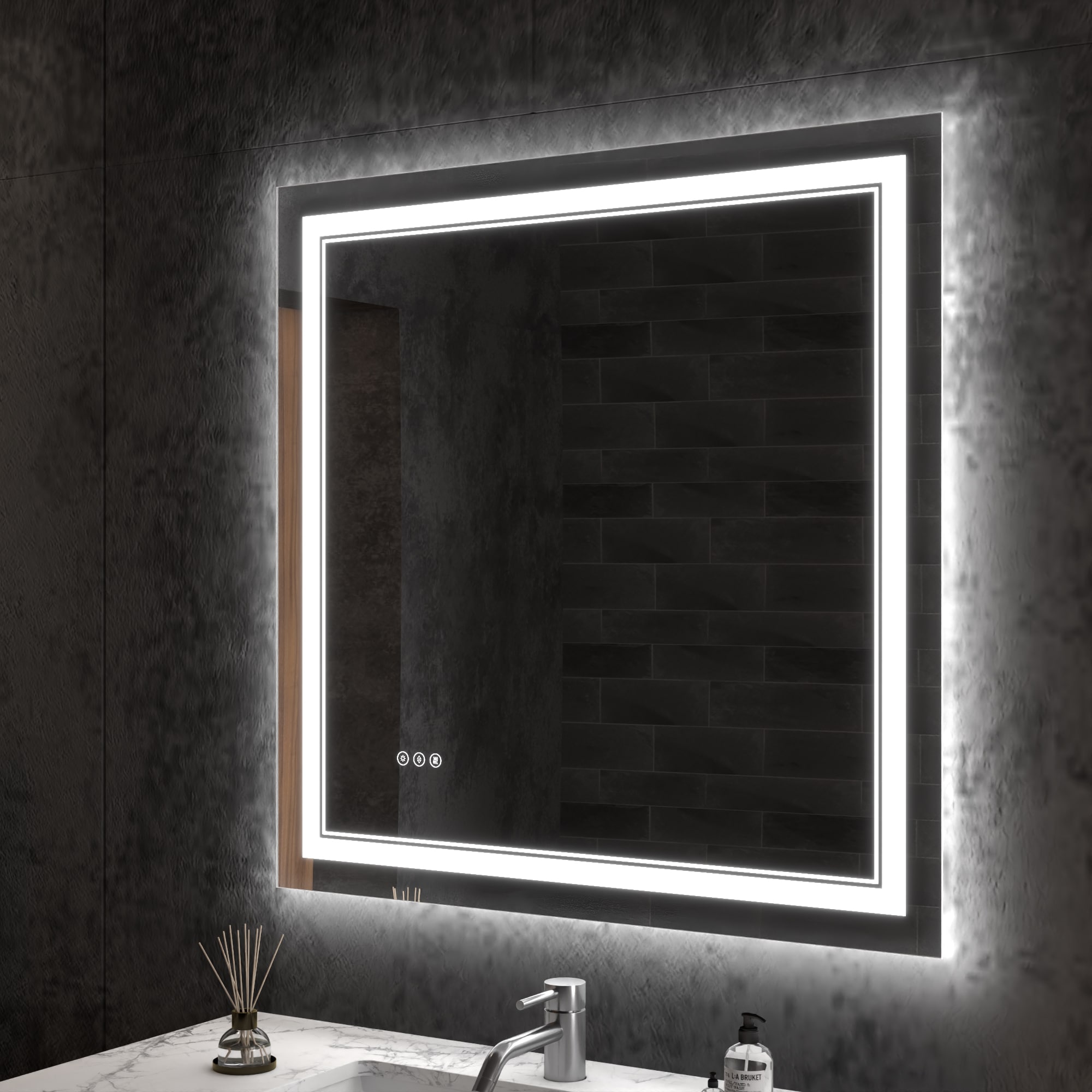 ExBrite JQBM2836FLLA NOIR 36-in x 36-in Polished Frameless Square Dimmable Lighted Fog Free Bathroom Vanity Mirror ( WHITE )