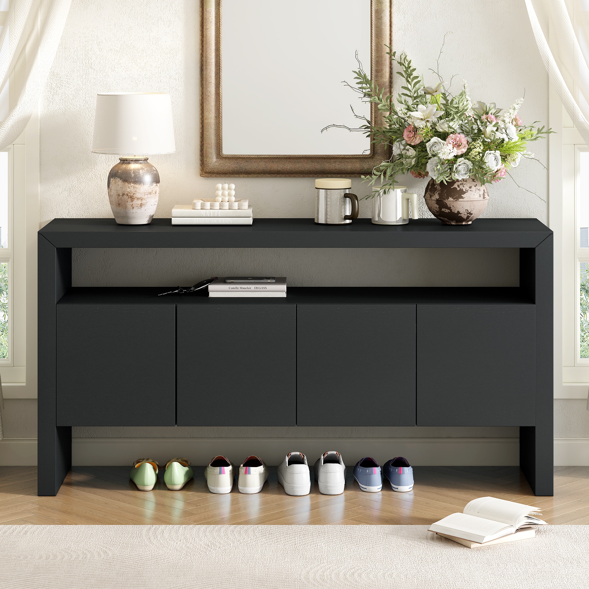 LOVMOR SF-Y-N711P289132B 60in  4 Door Sideboard Modern Minimalist Solid Wood Veneer Sideboard with Open Shelf Natural Wood Grain Large Capacity Storage Console for Living Room Hallway Dining