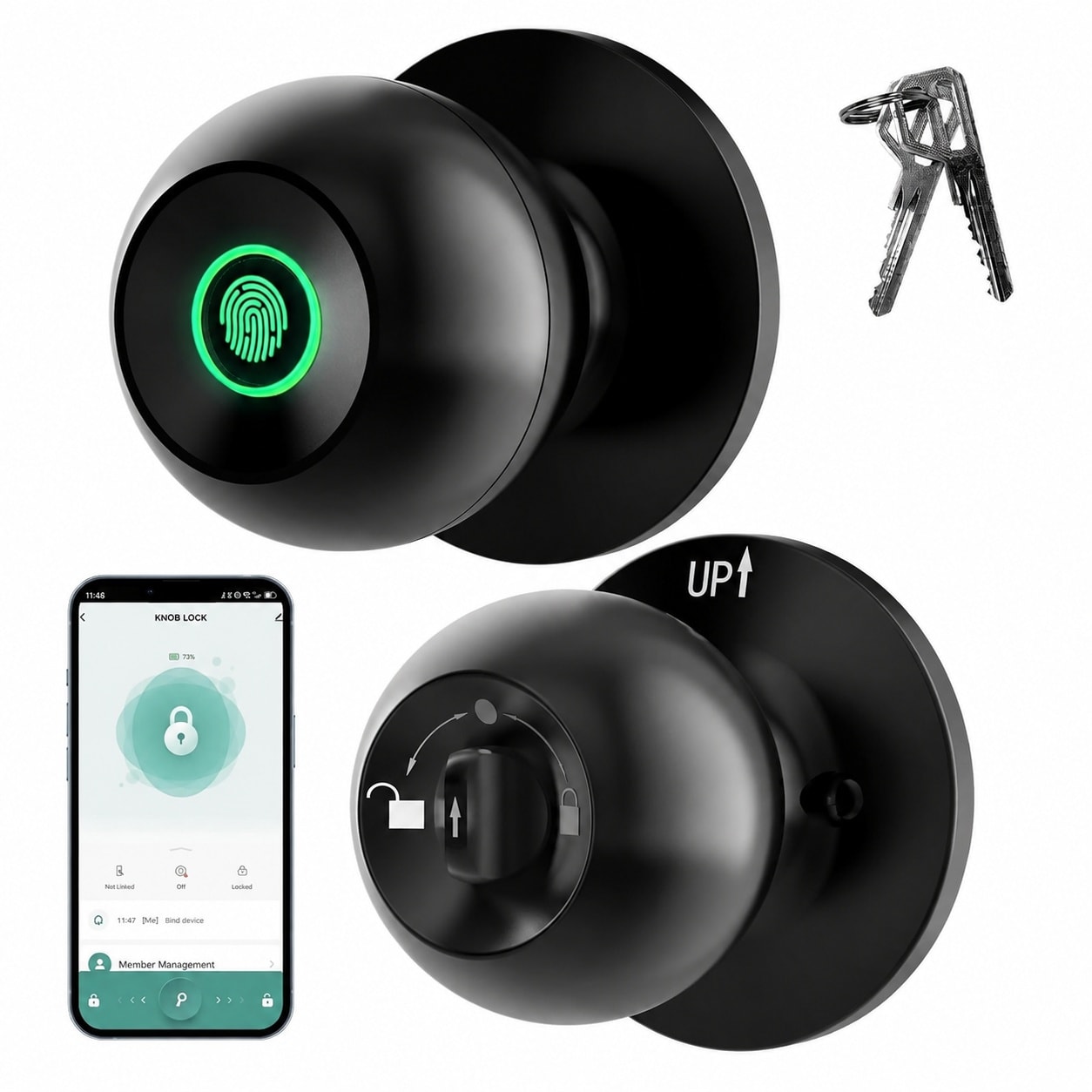 Etokfoks  3 in 1 smart fingerprint door knob lock with app control and physical key for bedroom garage home office and apartment doors