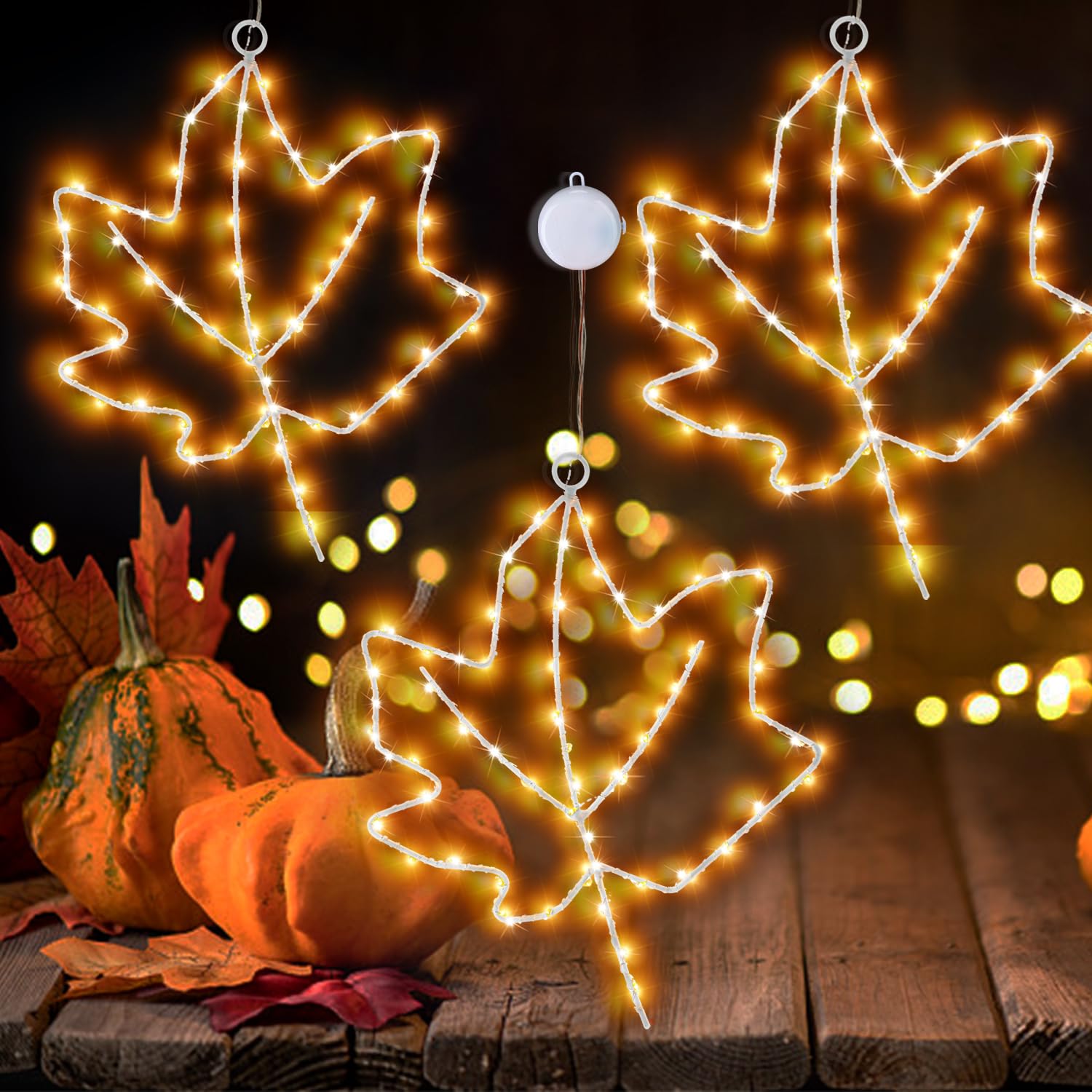 CYIKE  Metal Frame Maple Leaf Window Lights Set of 3 power cell Operated Fall Thanksgiving Decoration with Suction Cups for Indoor Use