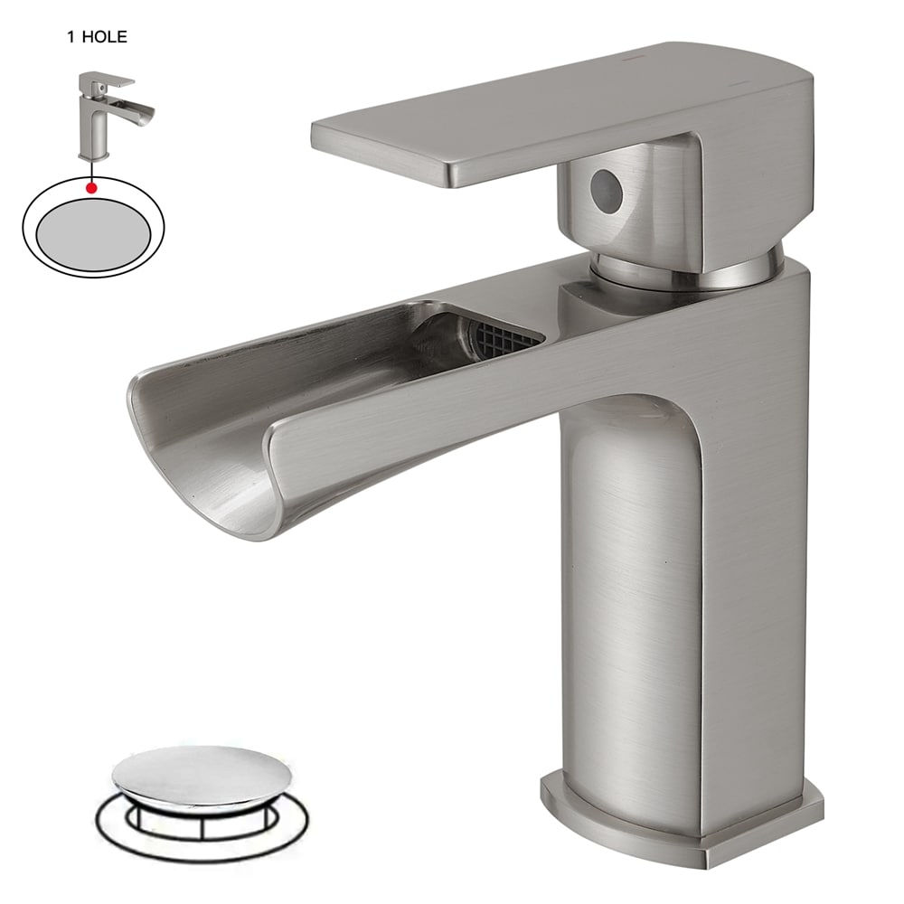 BWE A-96063-N Brushed Nickel Single hole 1-handle WaterSense Waterfall Commercial/Residential Handle Bathroom Sink Faucet with Drain
