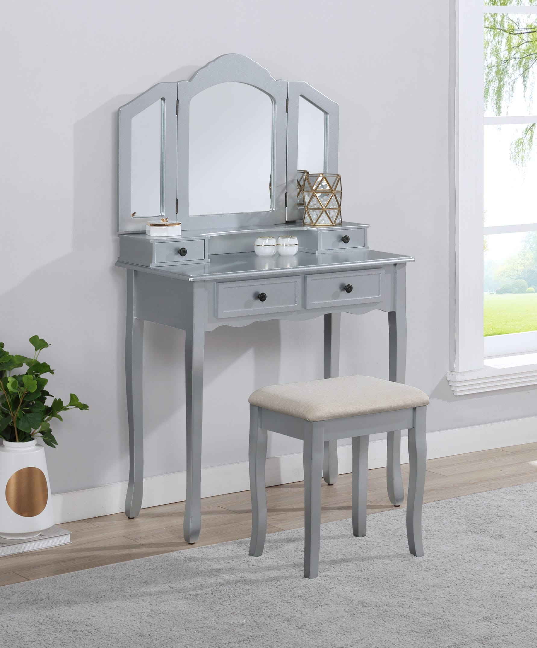 Tatayosi DJ2-4P162838 Silver Wooden Vanity Set with Tri-Fold Mirror and Upholstered Stool