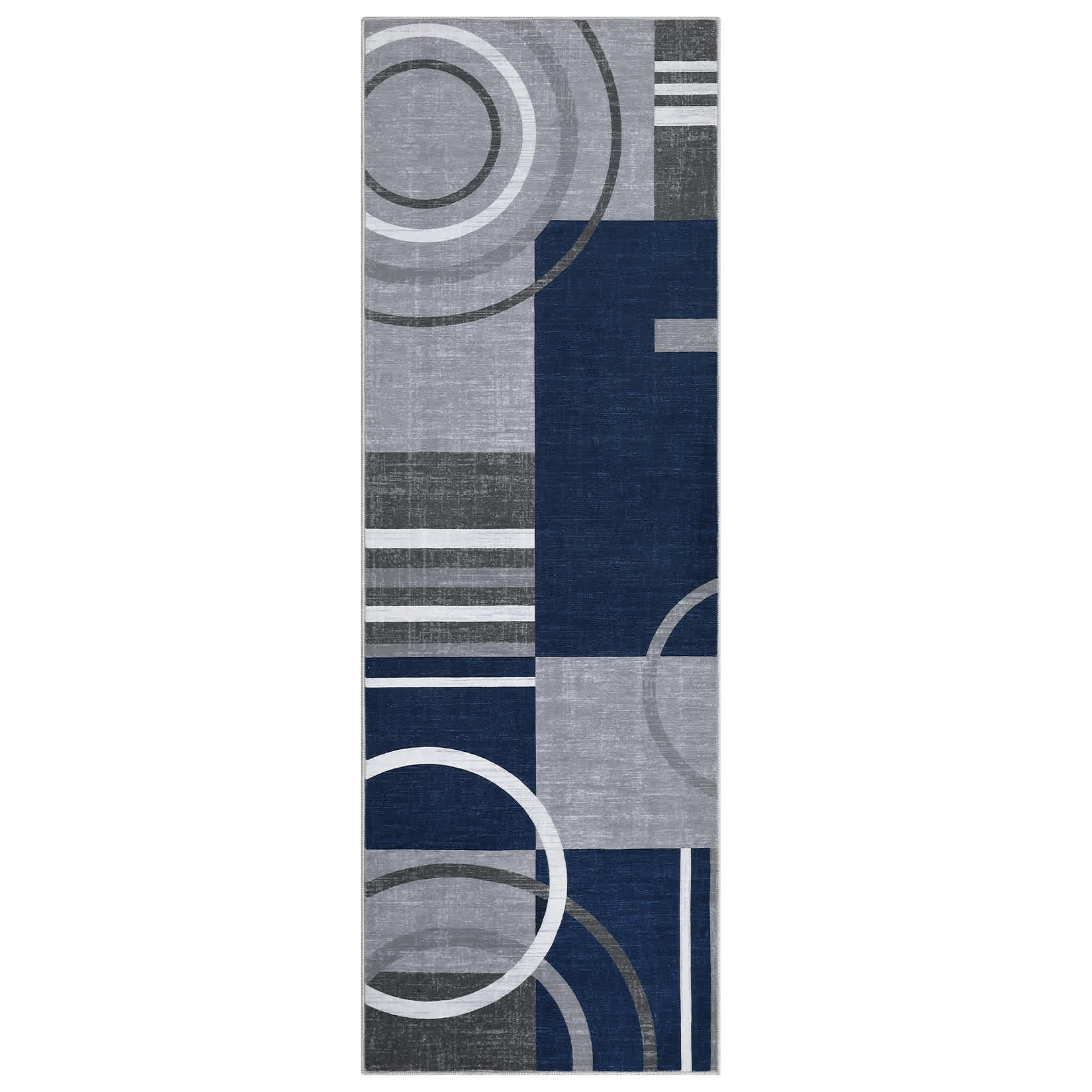 Qeetex LSN-PHO-15ND05KG 2 x 6 ft Polyester Cashmere Dark Blue Rectangular Hallway Bathroom Entryway Kitchen Office Foldable Geometric Printed Modern Washable Area Rug
