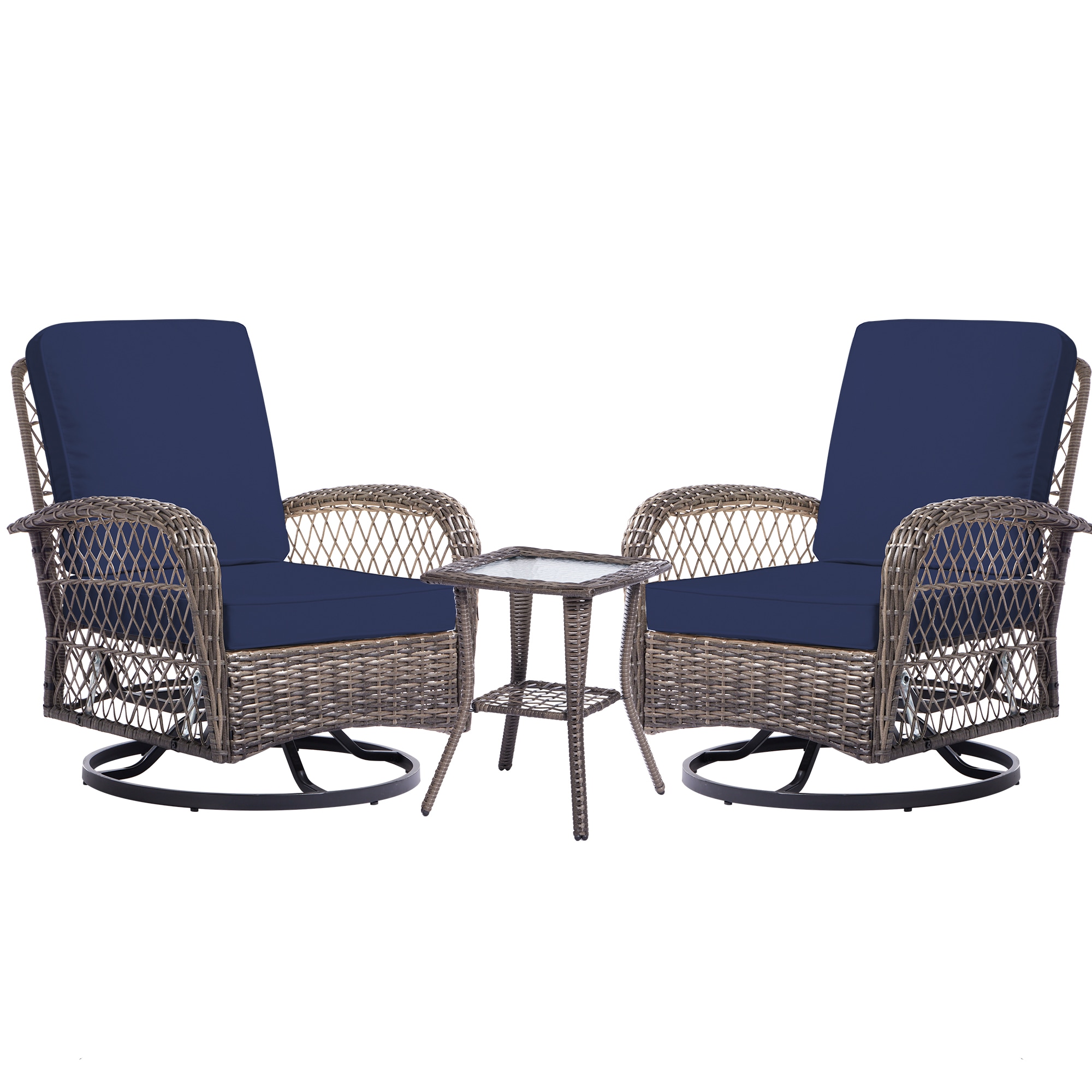 JEAREY XESZY-03GY 3-Piece Wicker Swivel Patio Conversation Set 3 -Piece Rattan Patio Conversation Set with Gray Cushions