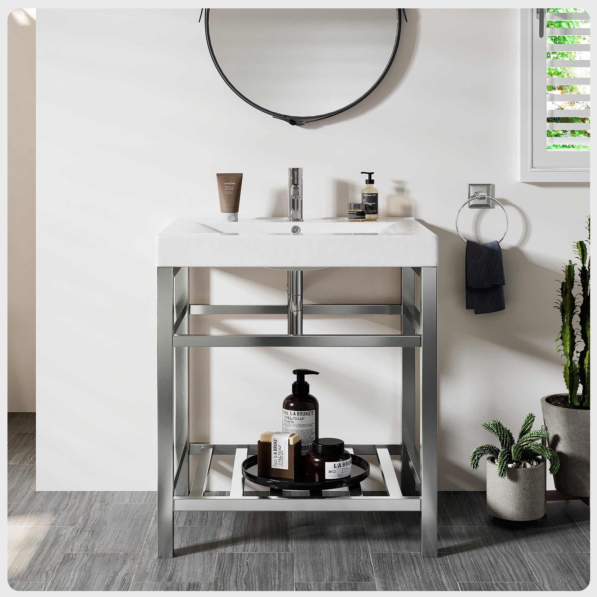 Eviva EVVN08-24SS Stone 24-in Stainless Steel Single sink Bathroom Vanity with White Porcelain Top