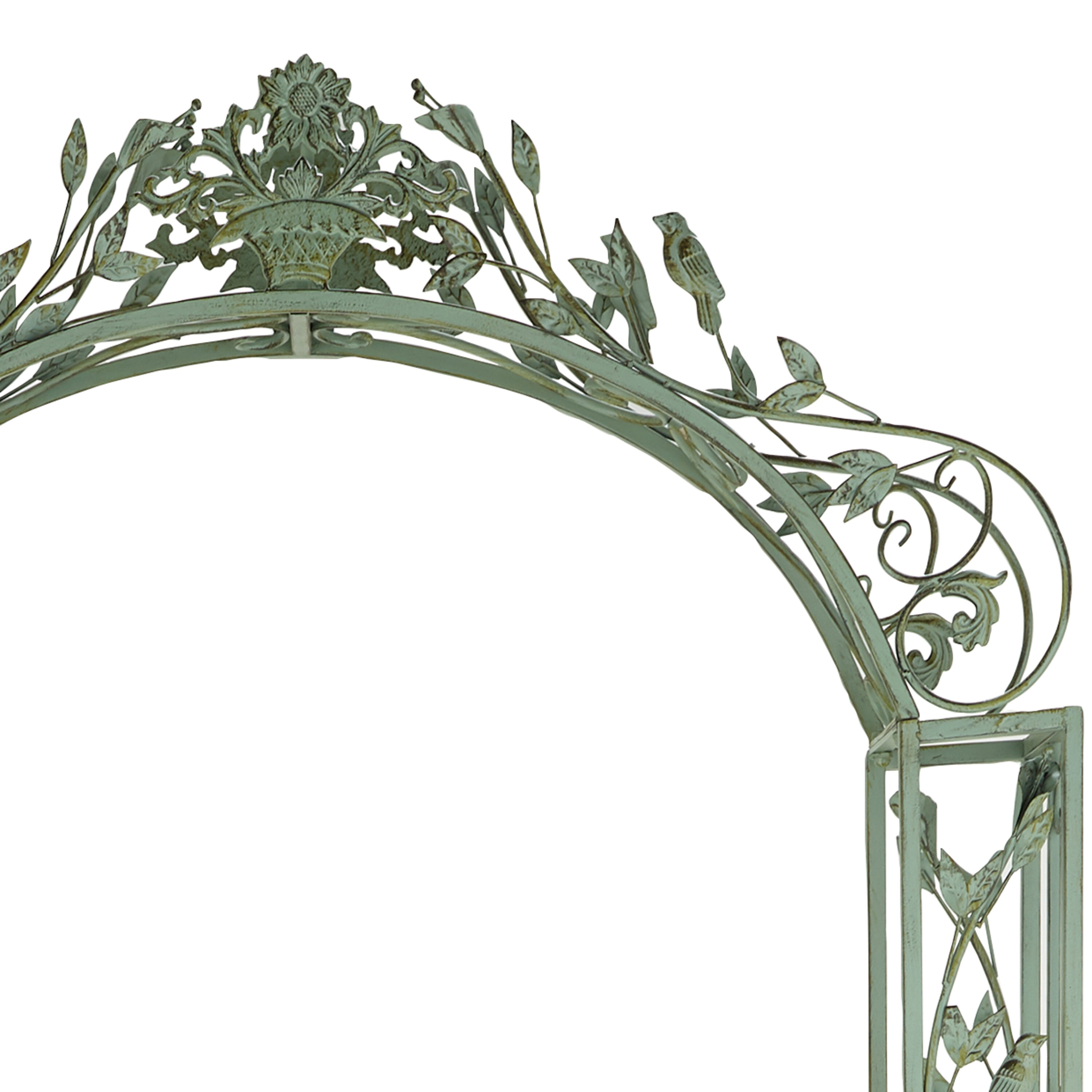 Green Wrought Iron Scrollwork Arched Garden Arbor with Bird Sculptures