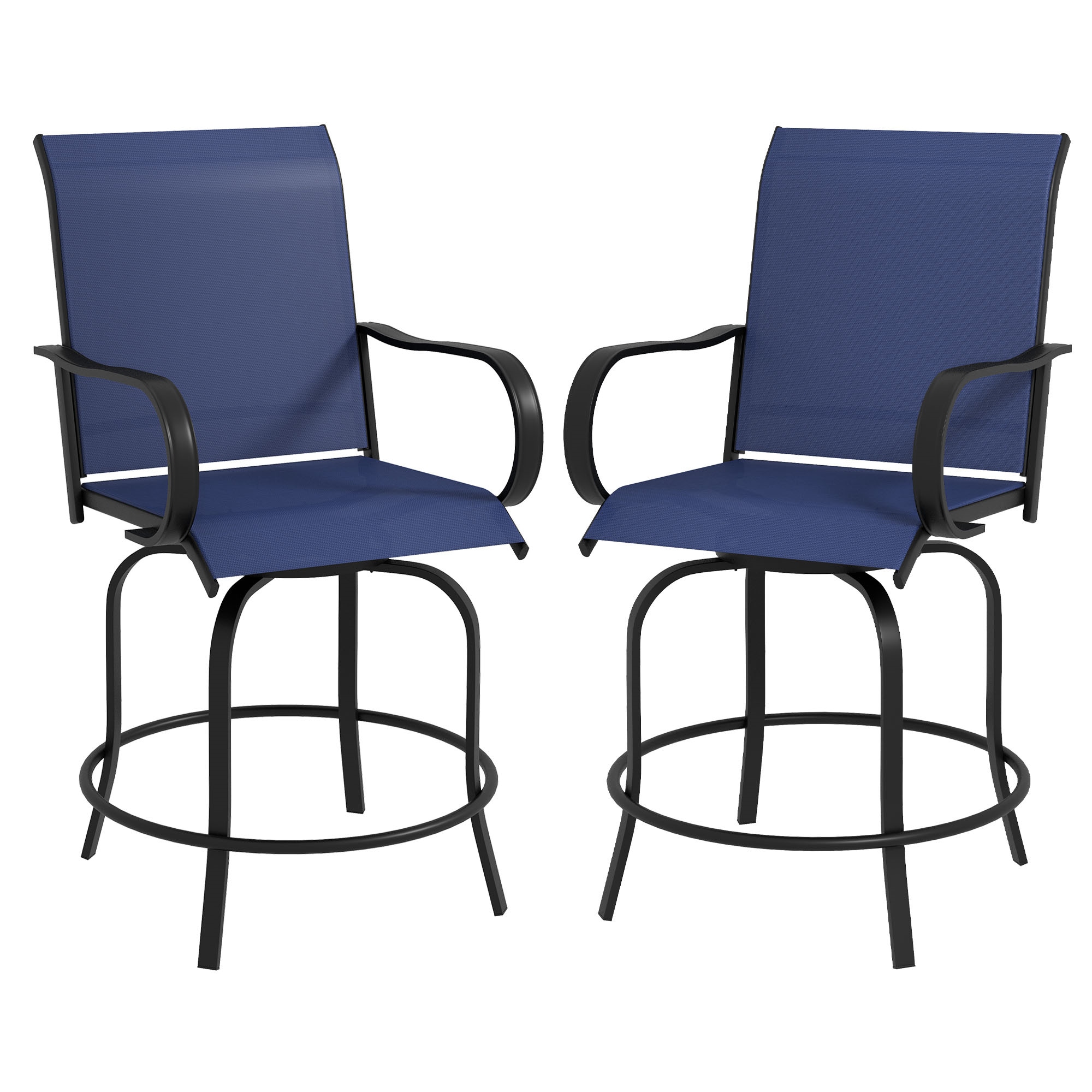 BABOOM BOM-P174464-OR Outdoor Rotating Chairs Set of 2 Black Steel Frame Swivel Bar Stool Chair with Blue Sling Seat