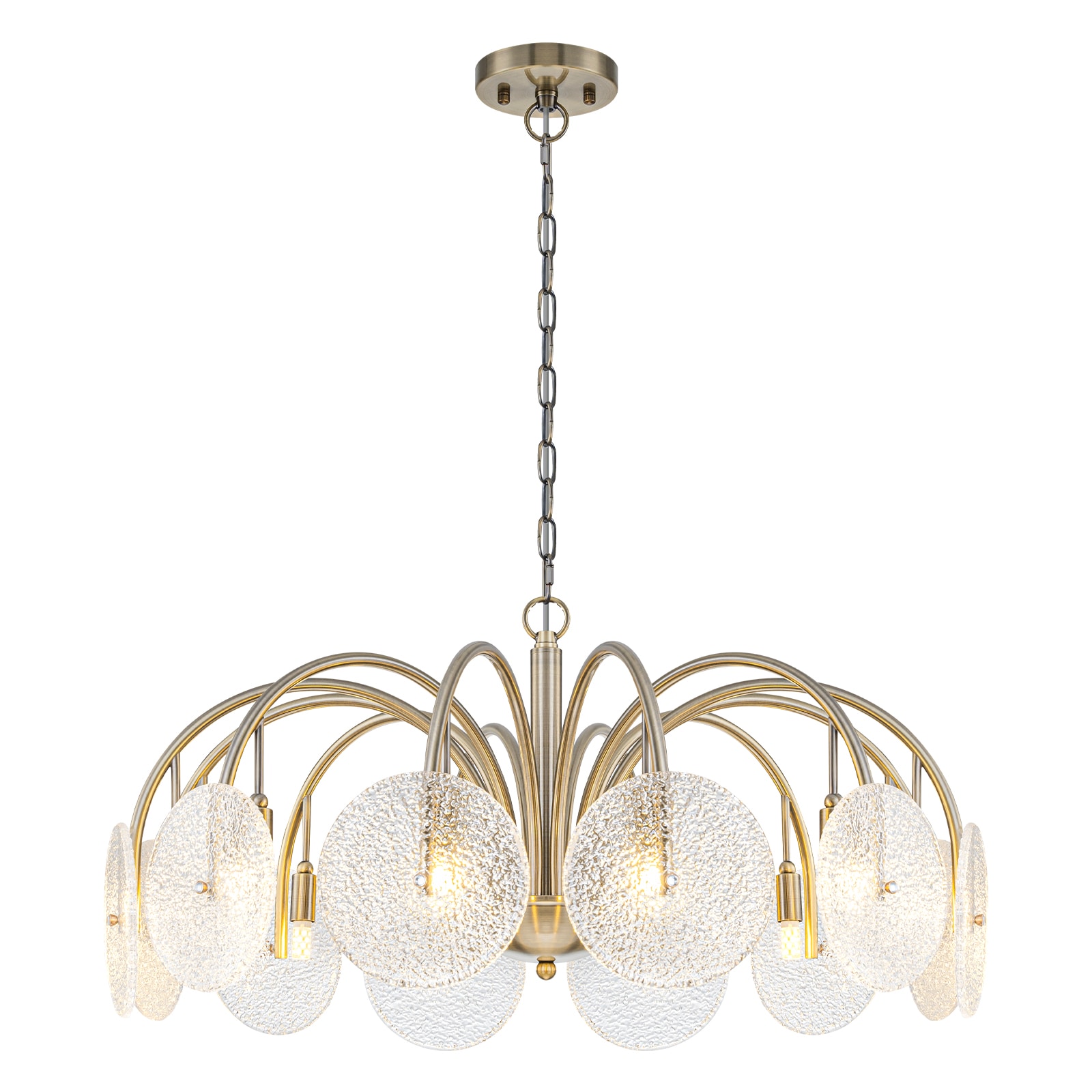 MENCOLULU Frosted Ice-Textured Glass Panels Curved Metal Arms Chandeliers 12 -Light Gold Metal Chandelier