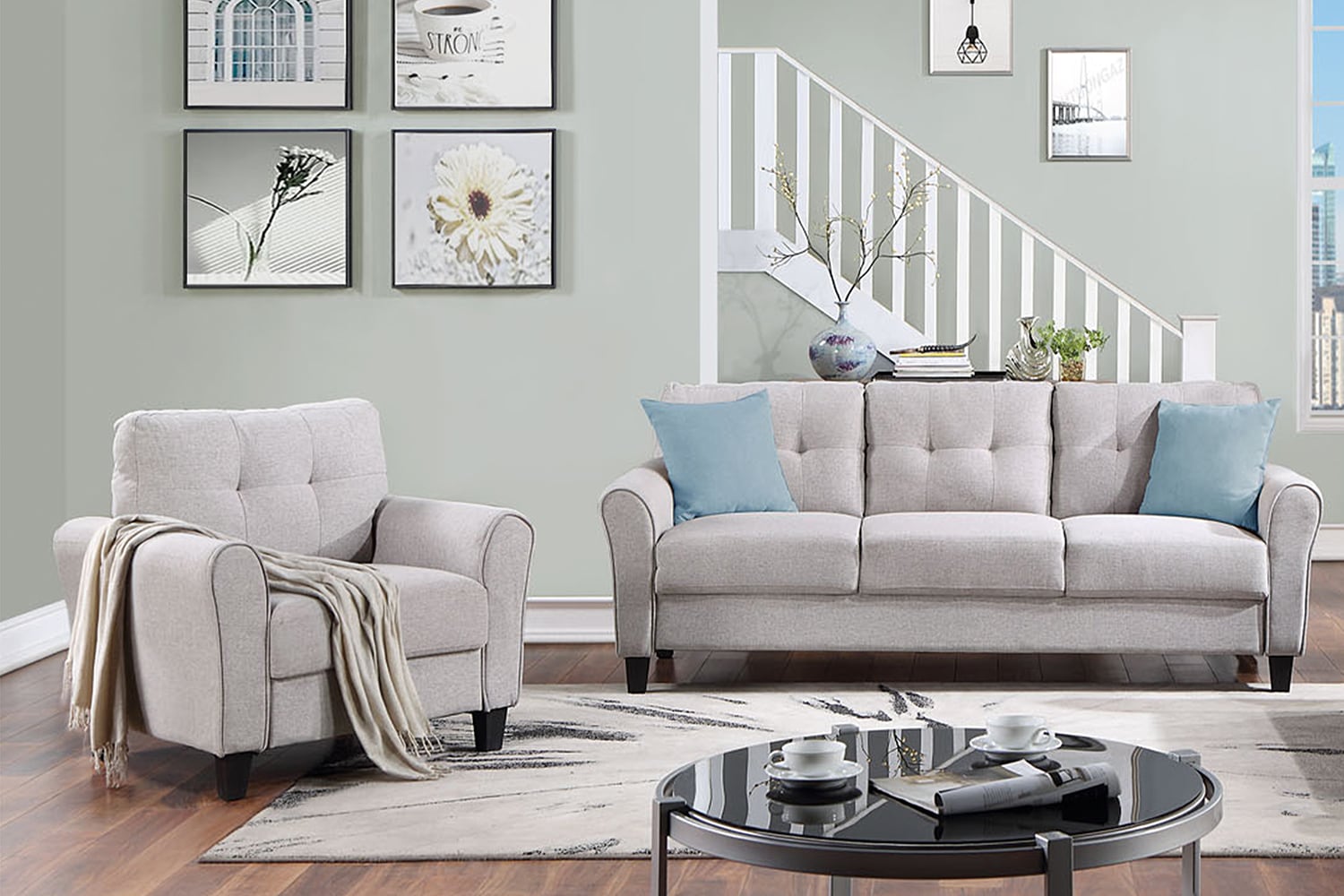 Bybafun YA3700099 Modern 2 -Piece Linen Light Gray Living Room Set