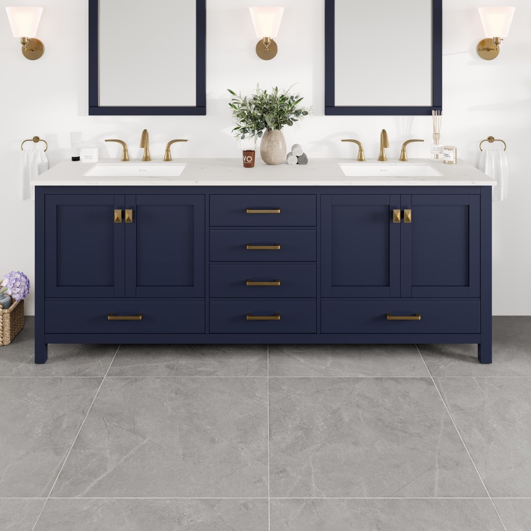 Eviva EVVN412-84BLU-Q Aberdeen 84-in Blue Undermount Double Sink Bathroom Vanity with White Quartz Top