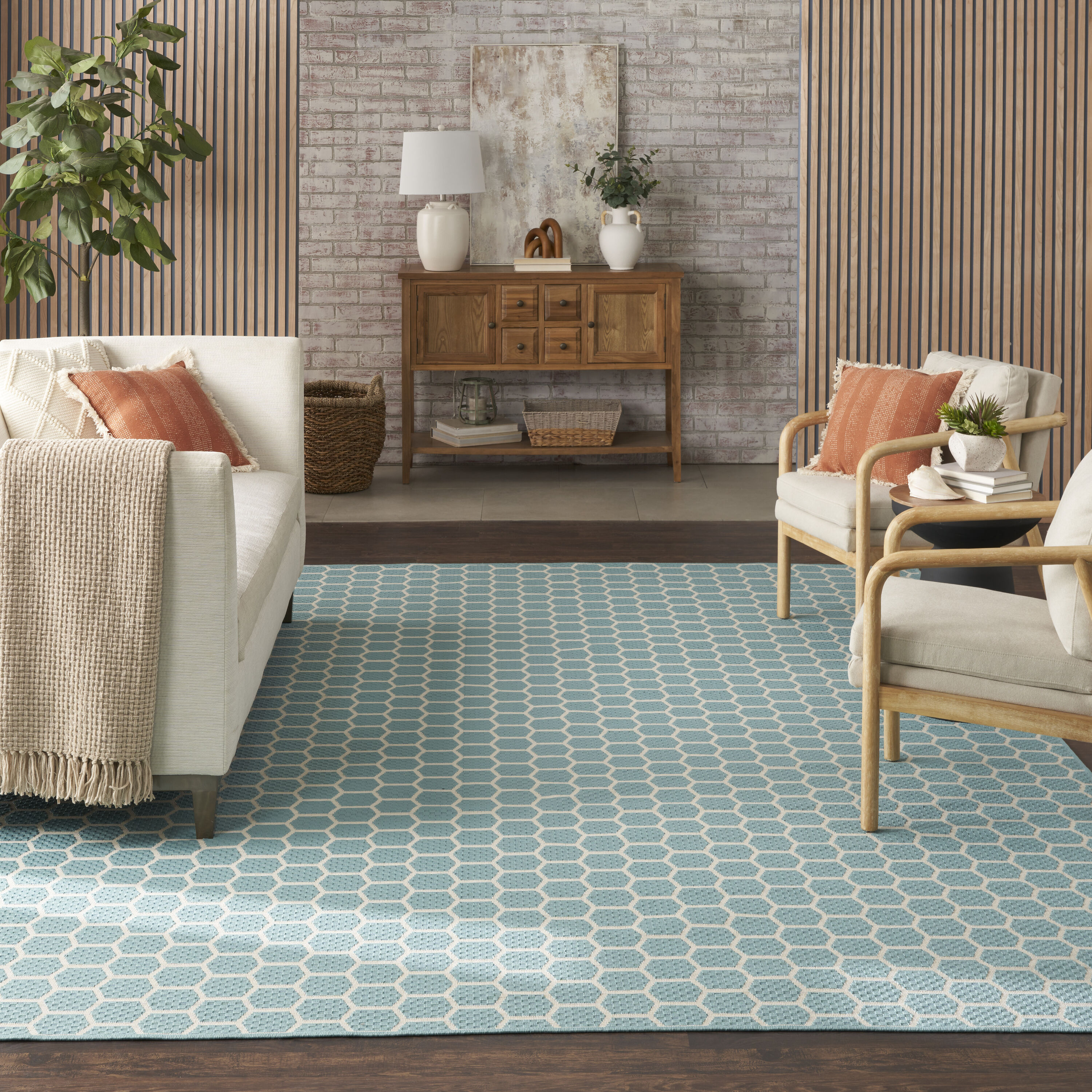Nourison Home 099446973849 Reversible Indoor Outdoor 9 x 12 (ft) Polyester/Polypropylene Aqua Rectangular Indoor/Outdoor Geometric Area rug