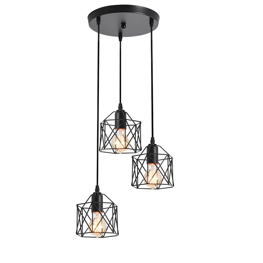 Oukaning HG-HCXLST-3571-US 3 -Light 11.02-in Industrial Black Adjustable Height Industrial Geometric Medium Hanging Kitchen island light
